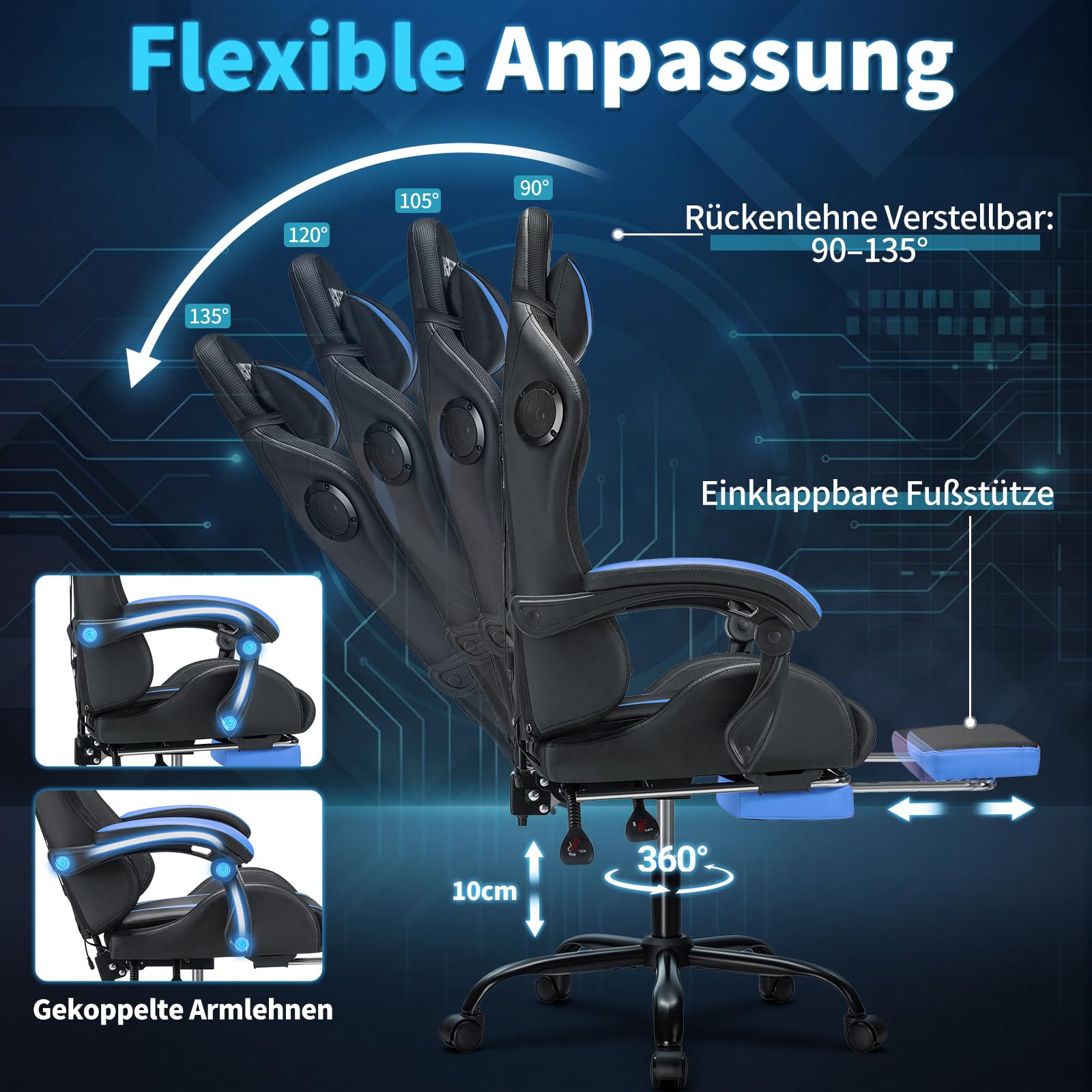 LED Gaming Stuhl mit Lautsprechern 135°Computer Stuhl mit RGB Lichter-Blau | Bluetooth Spielstuhl mit Massage Lumbalstütze;Liegestühle mit Fußbrett;PC Gaming Sessel für Erwachsene Gaming Arbeit Lernen
