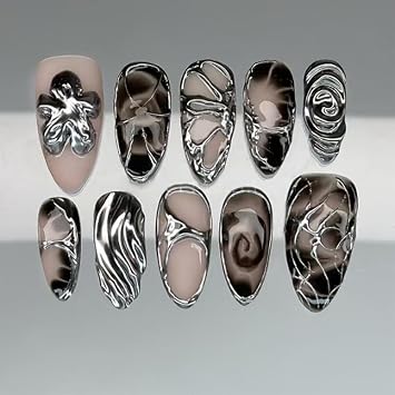 24Pcs Short Almond Press on Nails - Summer Nails with 3D Flowers Shading Silver Chrome Design - Full Cover Black Fake Nails, Colourful Fine Stick on nails for Women Girls