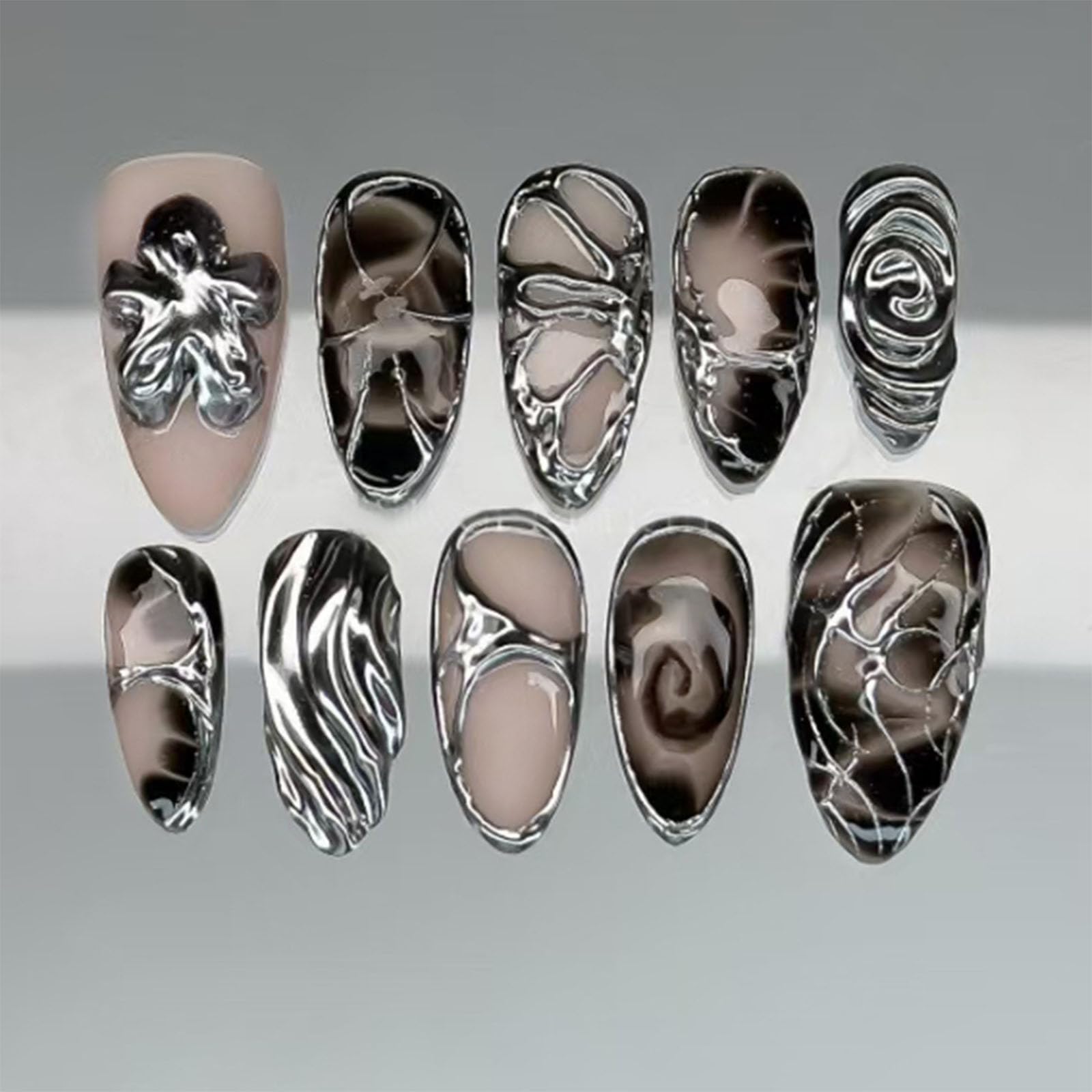 24Pcs Short Almond Press on Nails, Summer Nails with 3D Flowers Shading Silver Chrome Design, Full Cover Black Fake Nails