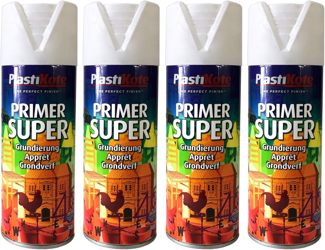 4 x PlastiKote Super Primer White Spray Paint 400ml - 2.23m² Coverage per can - Suitable for Wood, Metal, Plastic, Stone, Wicket & Crafts.
