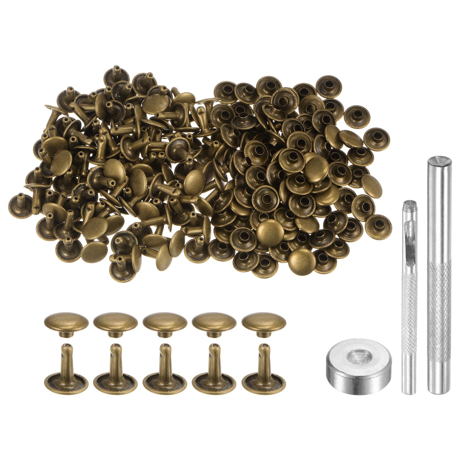 HARFINGTON 100 Sets Leather Rivets 10 x 10mm Metal Double Cap Rivet Snaps Studs Fasteners with 3pcs Setting Tools Rivets for Leather Craft DIY Repair