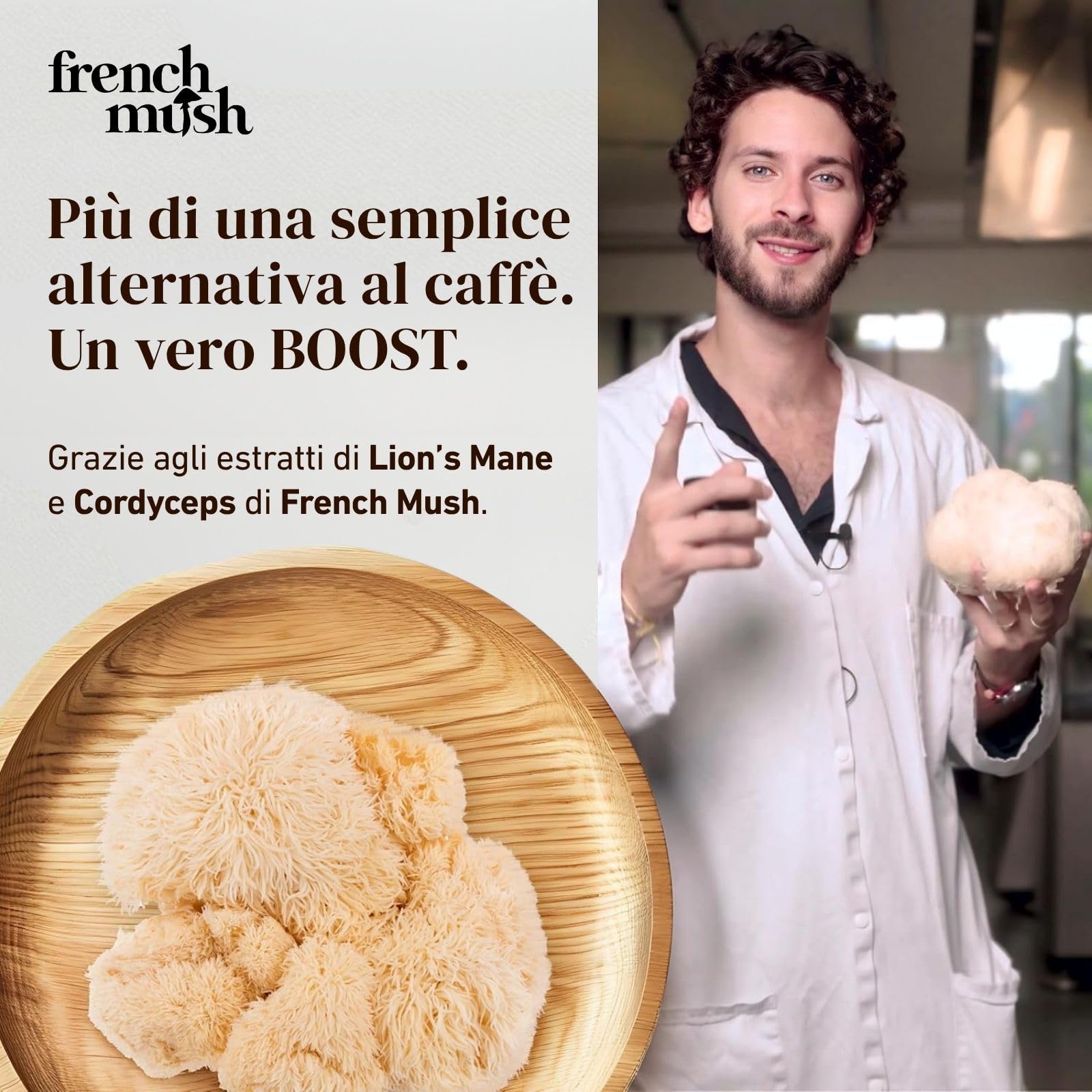 French Mush BOOST - Alternativa al caffè ai funghi adattogeni biologici: Lion's Mane & Cordyceps - Focus, Energia & Digestione - Vegano - Made in France - 20 dosi