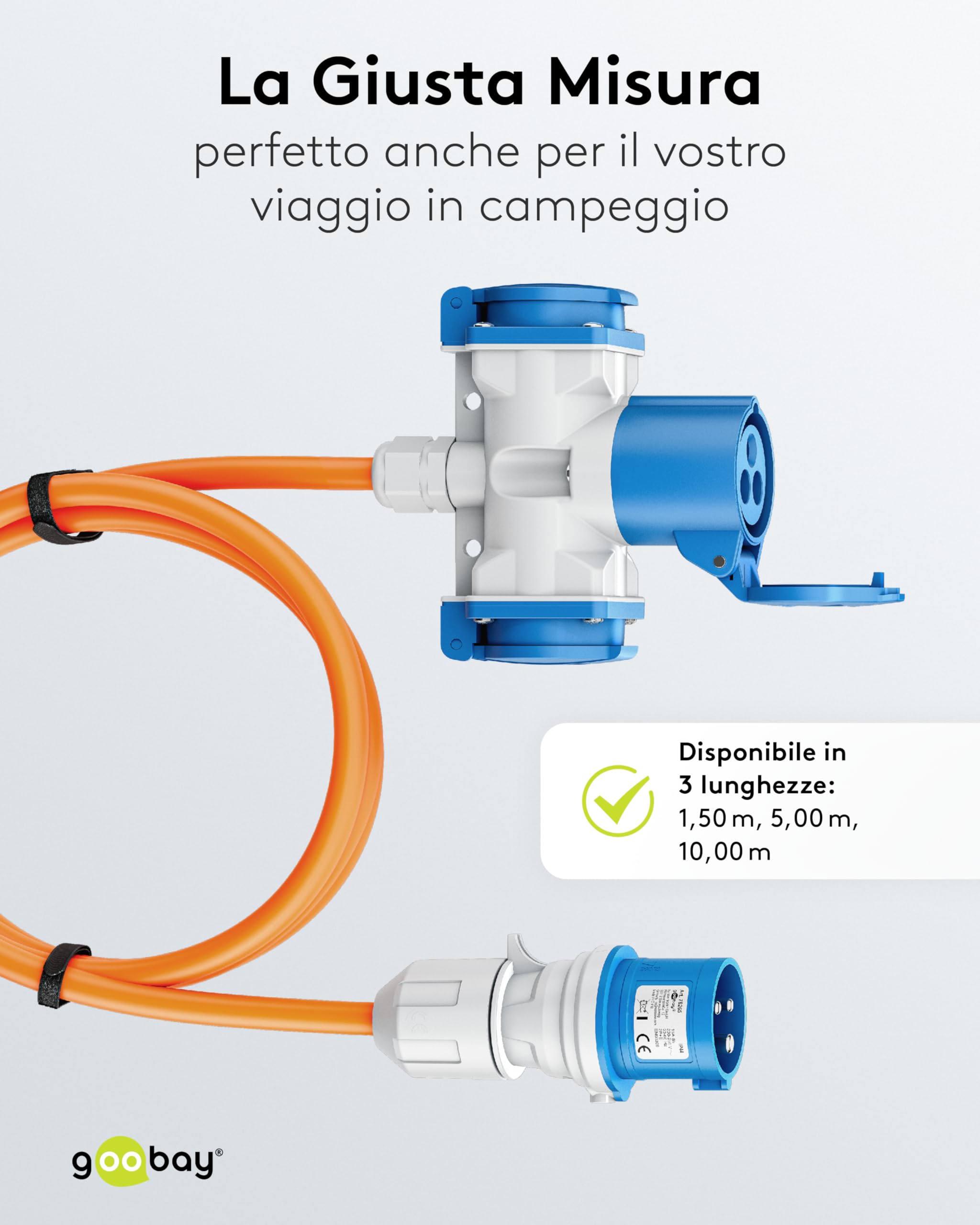 goobay Cavo adattatore CEE per caravan, 1,5 m, spina CEE a 1 presa CEE e 2 prese con contatto di protezione, IP 44, cavo da campeggio, camper e cantieri, 76231