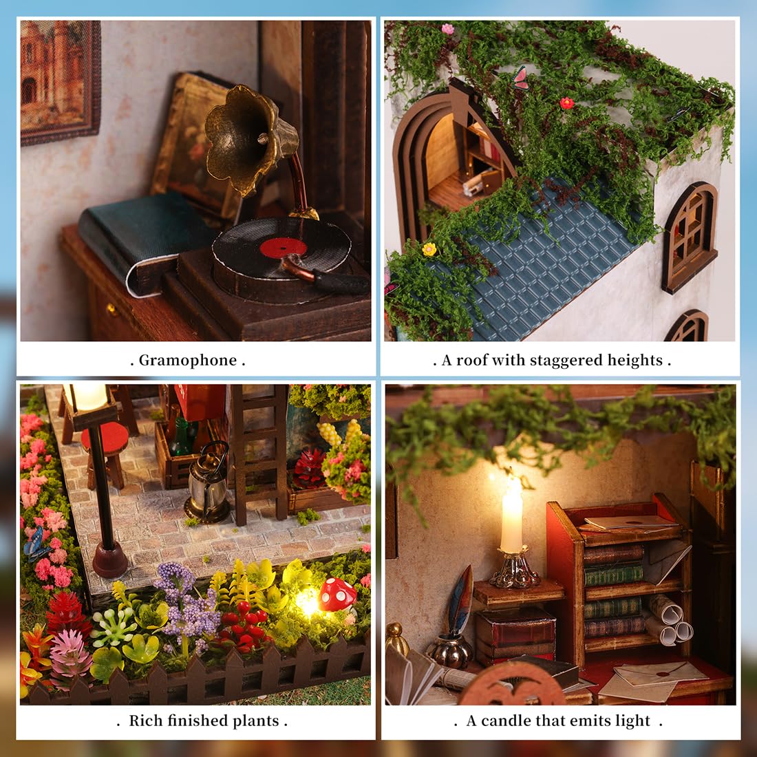Puppenhaus DIY Miniatur Holzhaus mit LED-Beleuchtung, Holz 3D Puzzle Bücherregal，Kreatives Bastelset Kreative Dekofigur (mit Staubschutzkappe)