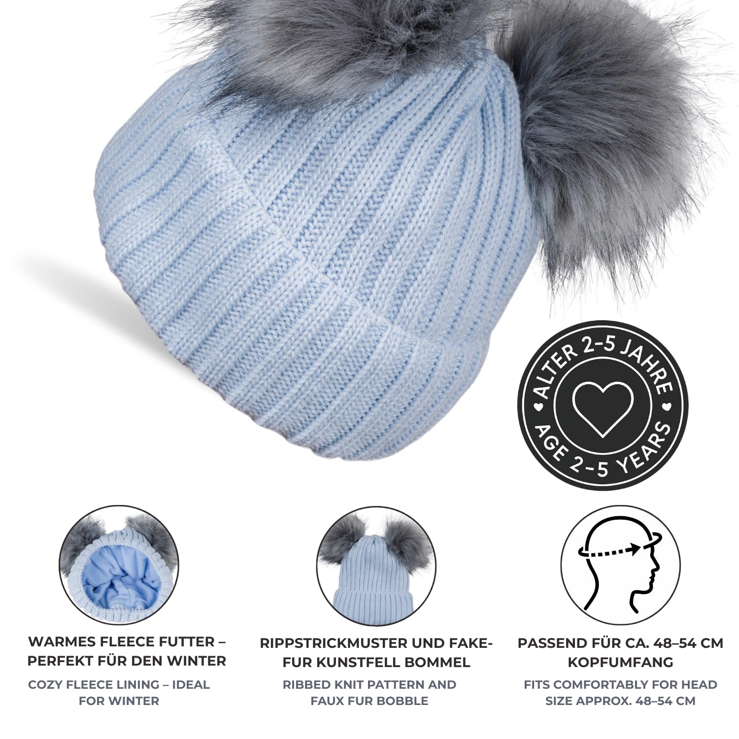 styleBREAKER Gorro de Punto para niños con 2 Pompones de Piel sintética y Forro Polar, Gorro de Invierno, Gorro de Punto, 2-5 años 04024203