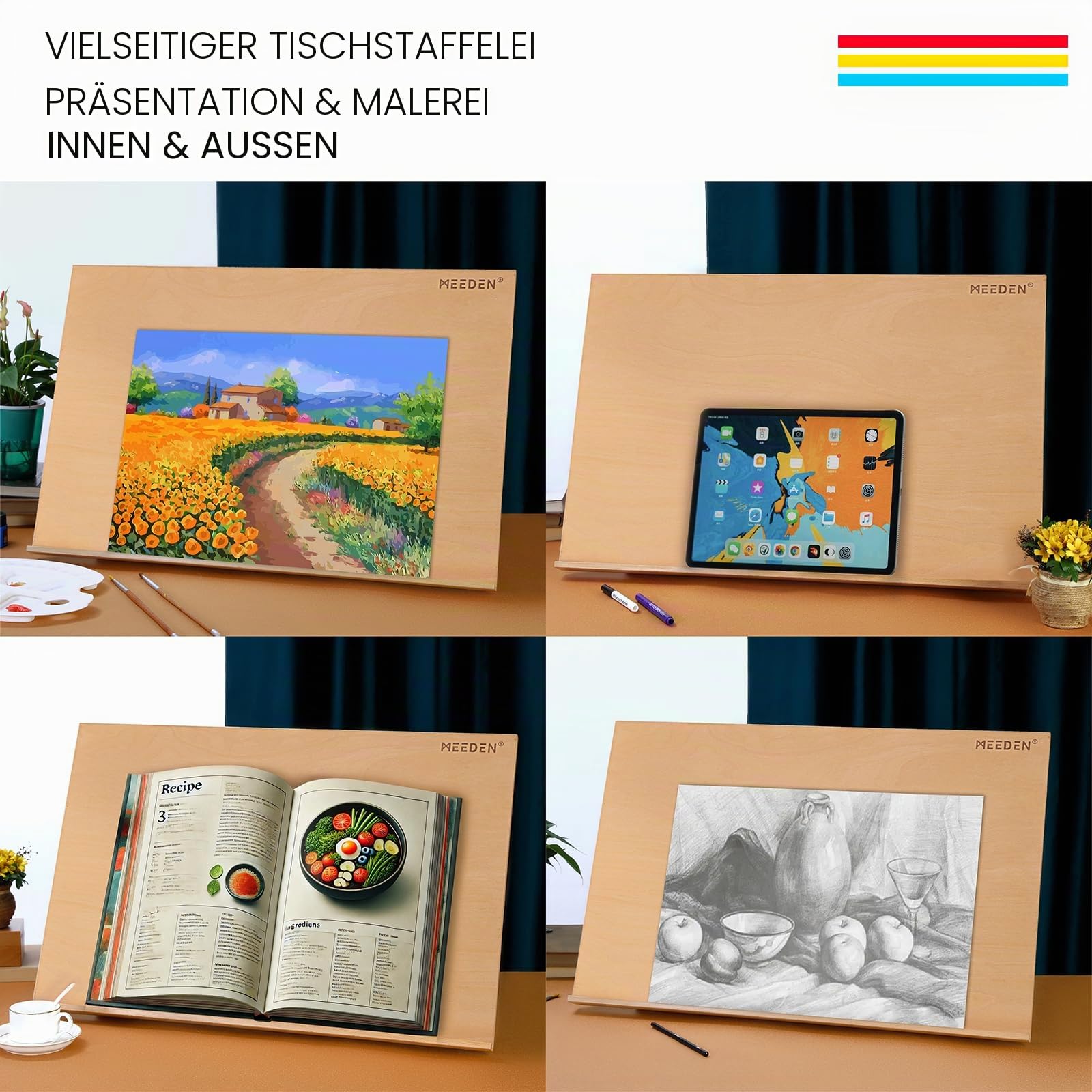 MEEDEN Extra große Schreibtischstaffelei: 50,8 x 76,2 cm, tragbar, Buchenholz, Standstaffelei – 5 Positionen verstellbare Desktop-Zeichenstaffelei