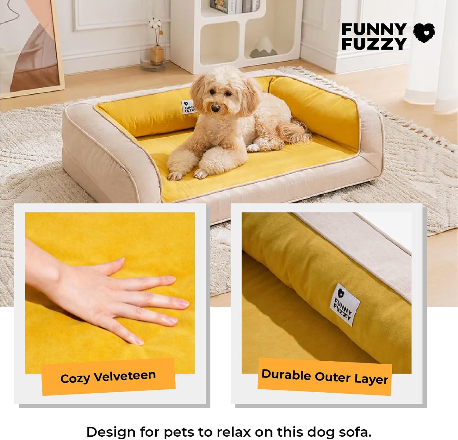 review Dog Bed for Medium Large Dogs, Dog Sofa Couch with Orthopedic Egg-Crate Foam Support, Removable, Machine Washable Pet Bed Cover, Non-Slip Bottom with High Bolster, Yellow