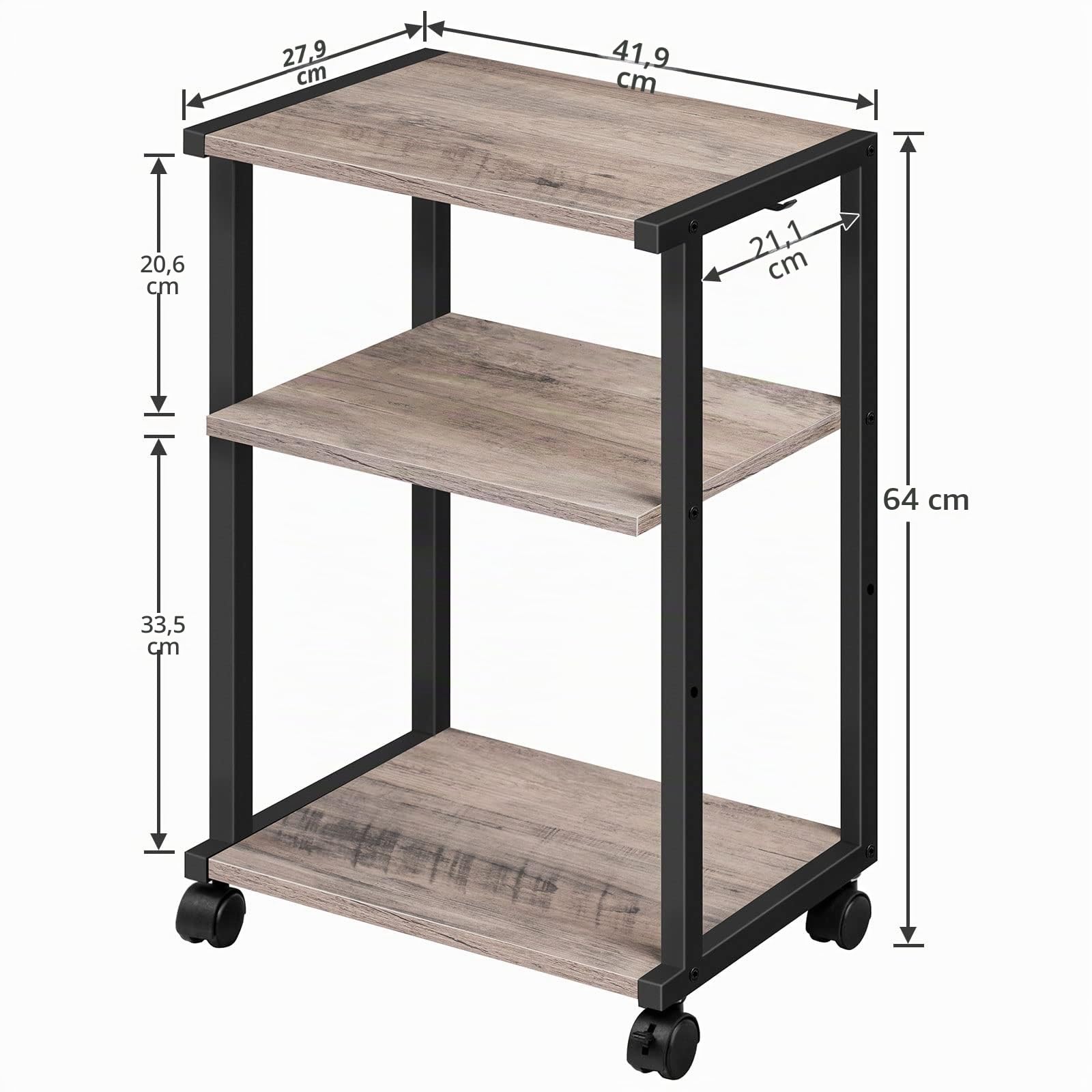 HOOBRO Soporte para Impresora, Carro de Impresora de Escritorio de 3 Estantes, con Pies Ajustables y Ruedas Bloqueables, para Oficina, Salón, Cocina, Estilo Industrial, Greige y Negro EBG28PS01N1