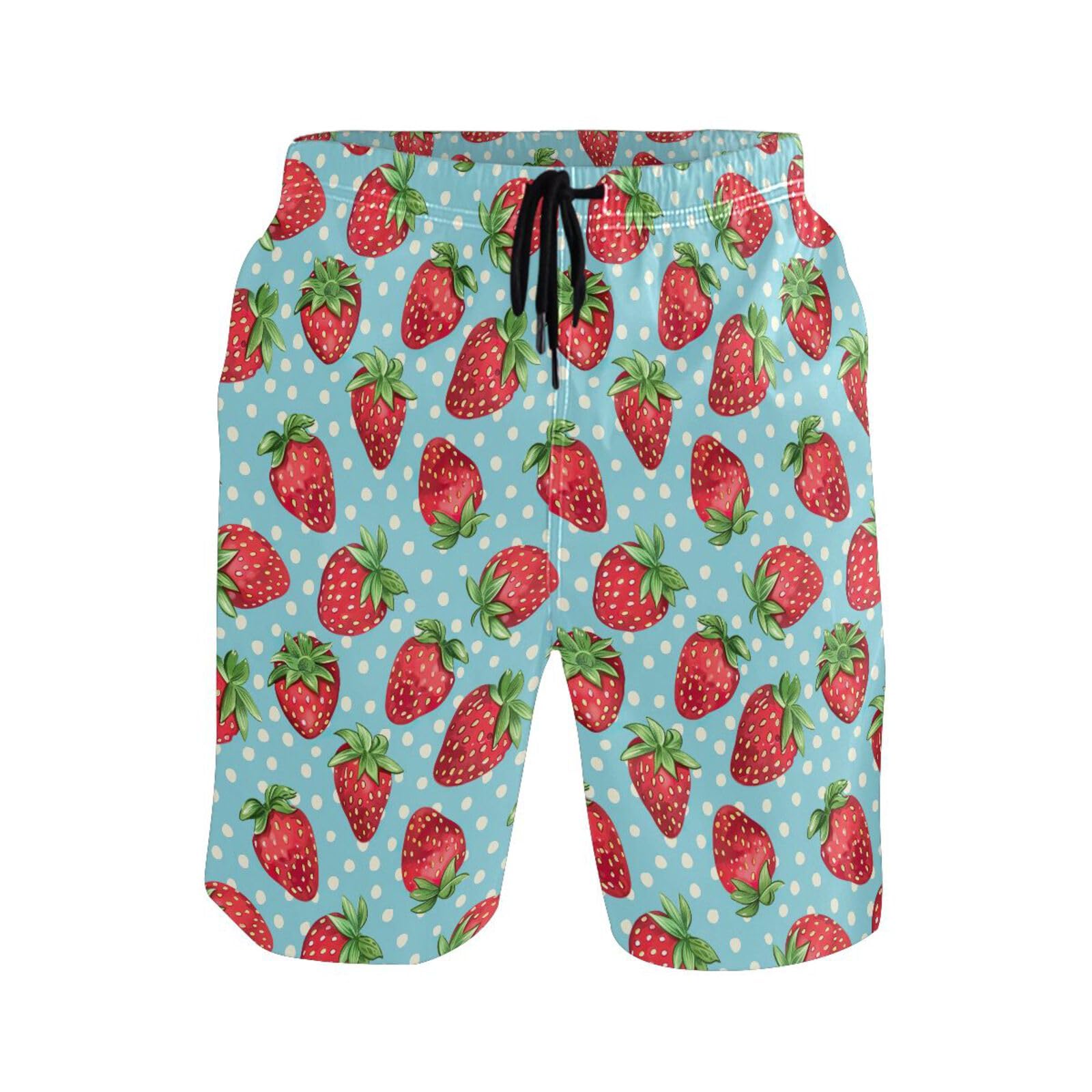 AMmao Mens Swim Trunks Blue Strawberry Polka Dot Pattern Quick Dry Swimming Shorts with Mesh Lining Swimwear Swimsuit Bathing Suits Beach Board Shorts for Summer Holiday Party Outdoor XL