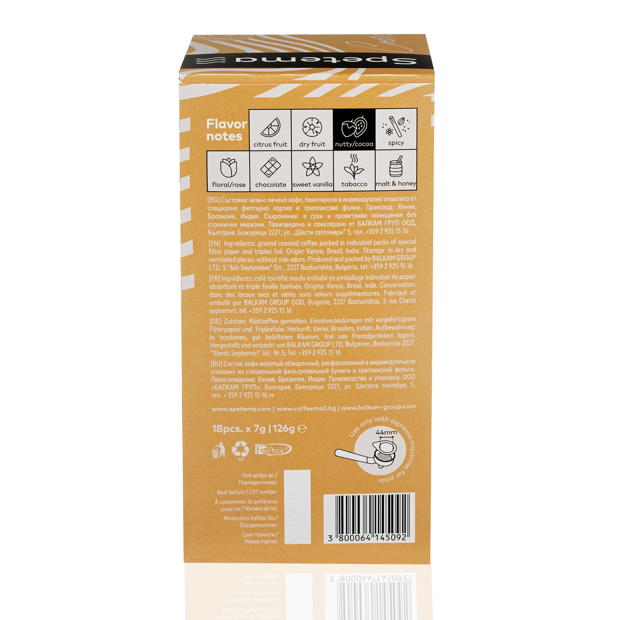 Spetema E.S.E Kaffeepads ESPRESSO CREMA, 144 Pads, Intensität 5/10 | Mittlere Röstung, 50% Arabica & 50% Robusta, 144 E.S.E Coffee Pods für Pad-Maschine, (8 Boxen x 18 Pads)