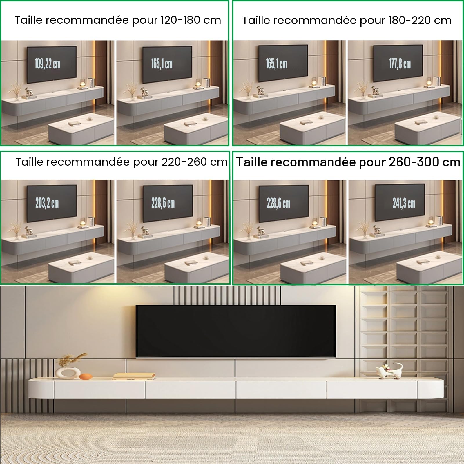 Console TV flottante, meuble TV mural, grand banc TV de rangement sous la TV avec tiroirs, support de routeur (blanc + LED, 160 x 20 x 24 cm)