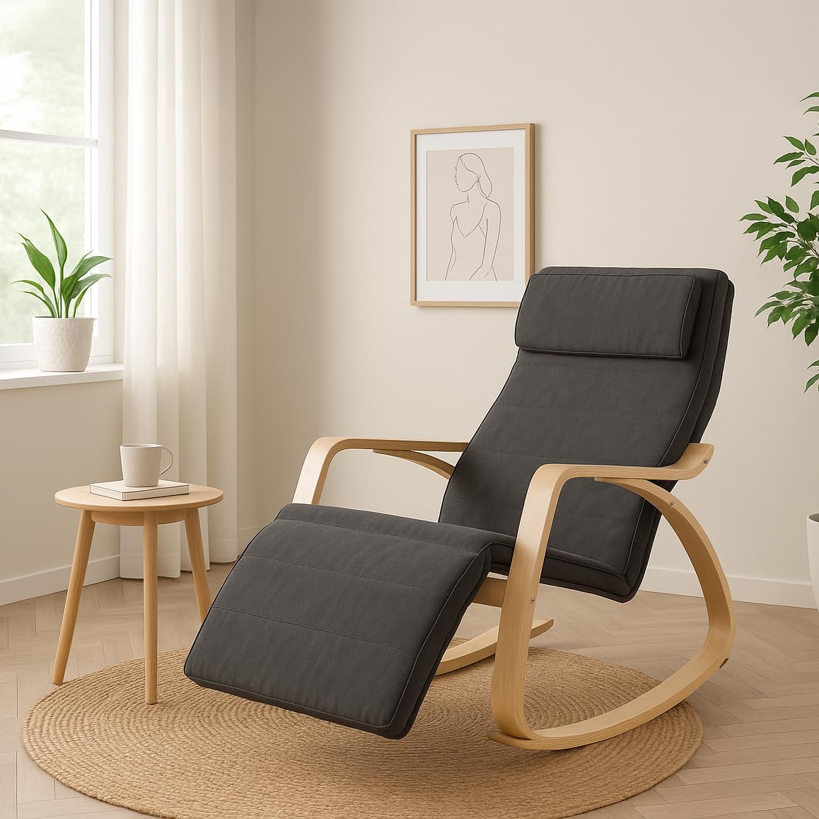 WeHome Swing Amor Fauteuil à Bascule avec accoudoirs en Bois, Rocking Chair, Fauteuil à Bascule avec Repose-Pieds réglable, Fauteuil Salon, Chaise de Chambre à Coucher (Tissu, Gris foncé)