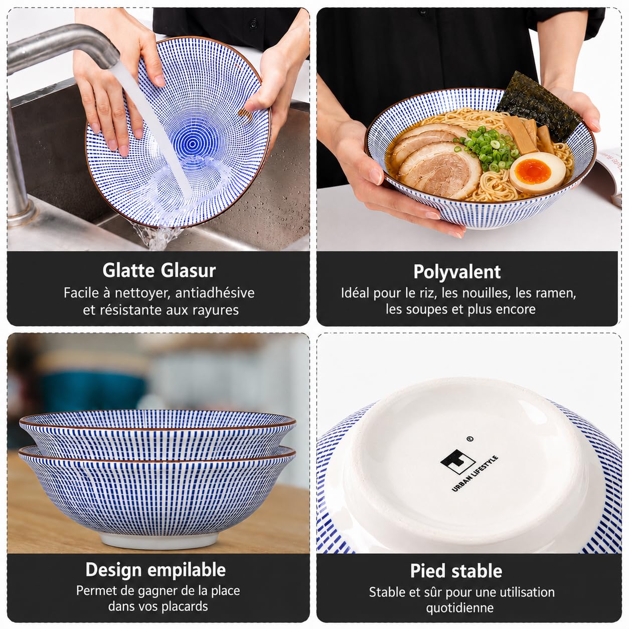 Urban Lifestyle ciotola ramen set 2 pezzi Ø 20,5 cm stile giapponese ciotola porcellana 1000 ml ciotola zuppa ciotola noodles ciotola pho ciotola insalata ciotola cereali TOKUSA
