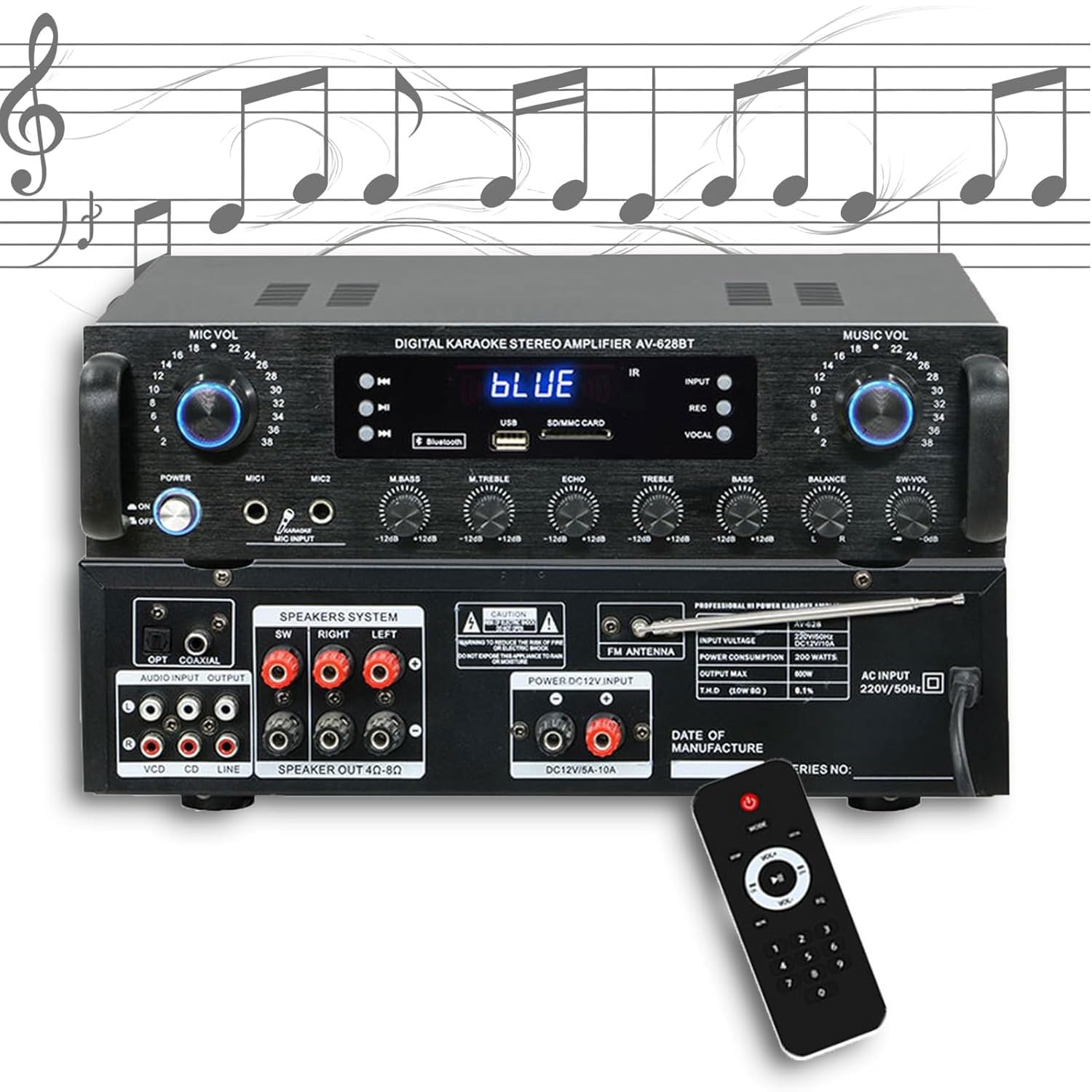JOSBY Professional 2.1ch Car Hifi Amplifier, Super Bass Stereo Audio Amplifier, Bt 5.0, Usb/rca/optical/coaxial Cables Input, With Remote Control, Supported Sd/reverb, For Studio, Home Cinema, Bar