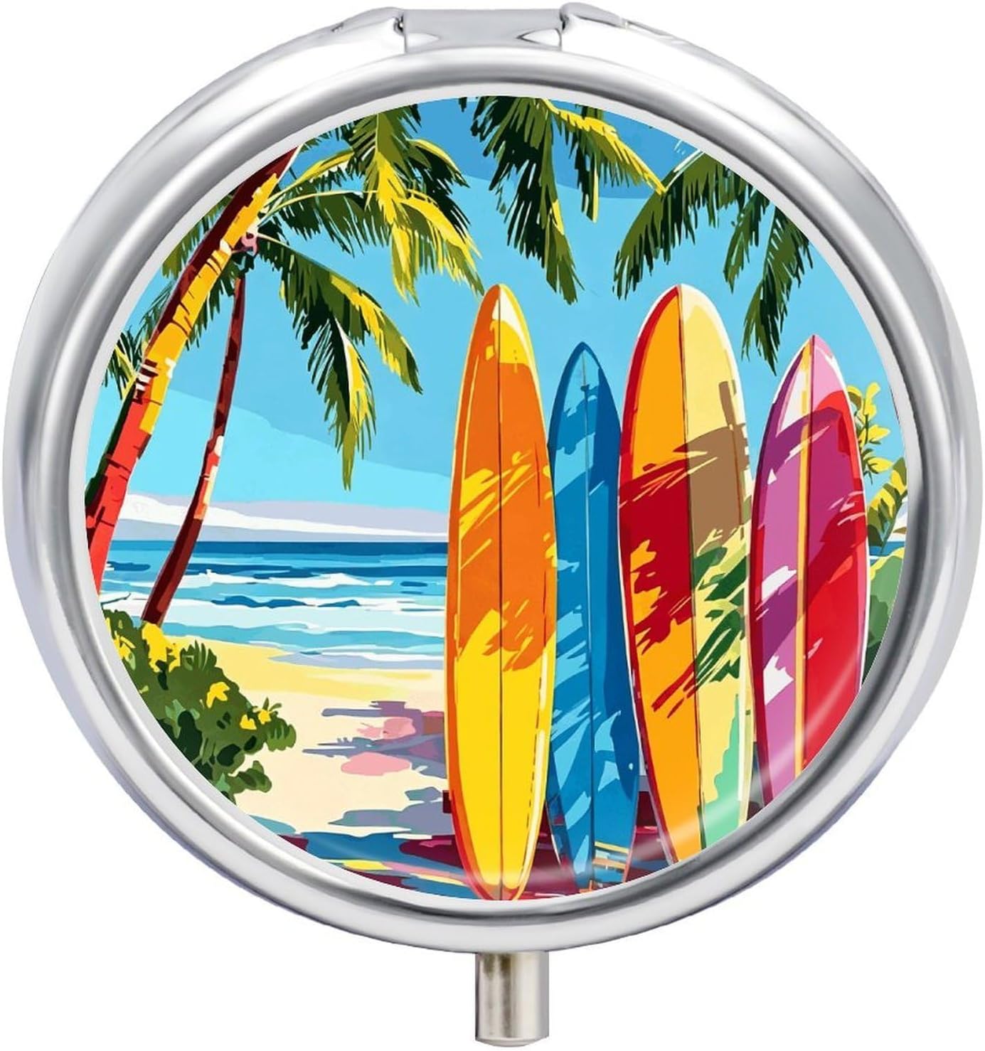 Beach Surfboard Round Pill Box with 3 Compartments & Mirror