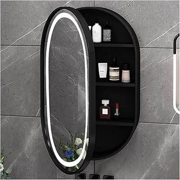 Oval Bathroom Mirror Cabinet, Led Medicine Cabinet Wall Mounted, Recessed Mirror Cabinet with Light, with Storage Shelf Color Black, Size 50x14x80cm