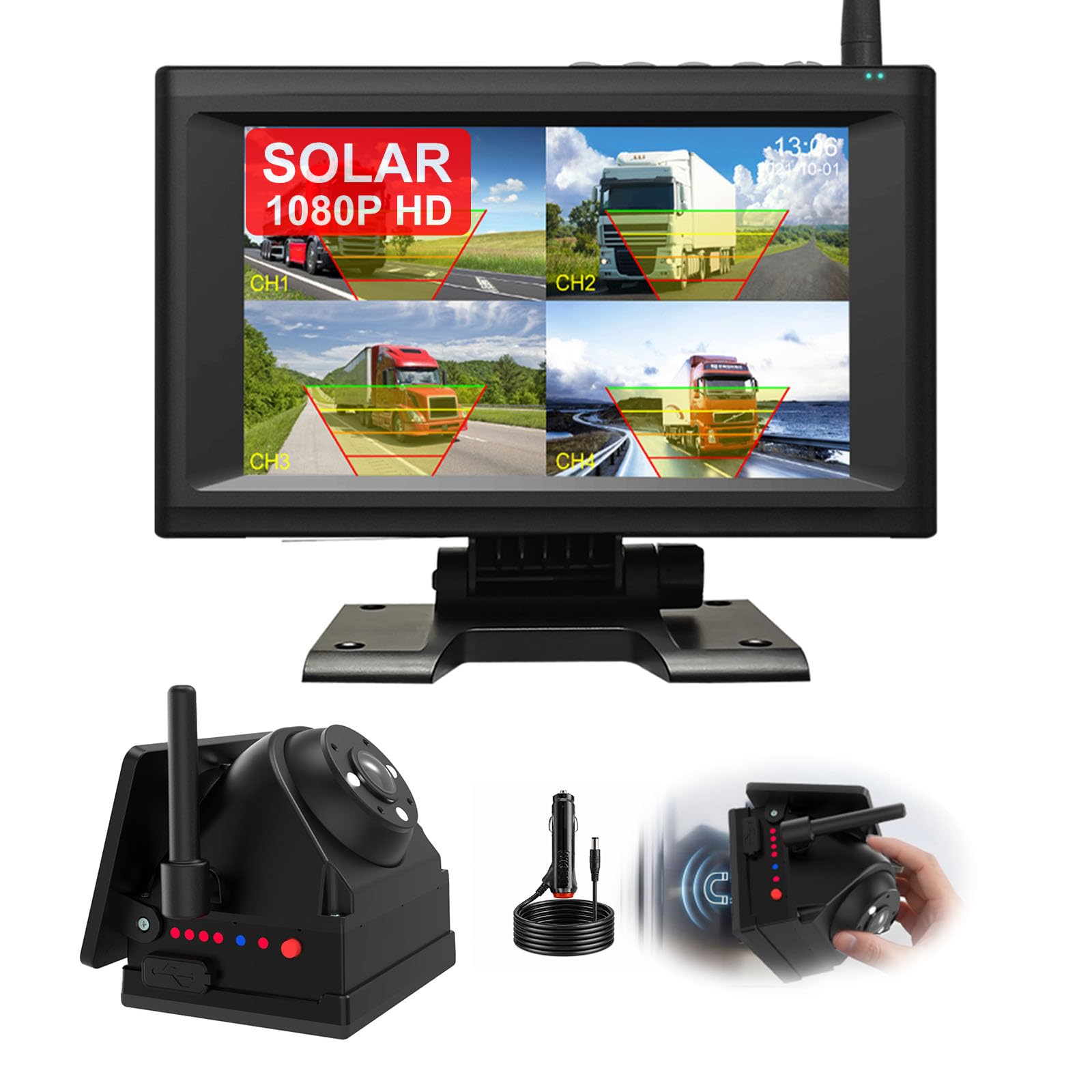 Solaire Caméra de Recul sans Fil, 1080P Caméra WiFi Magnétique avec Écran 7 | Caméra Recul Camping-Car, Remorque avec Vision Nocturne et Grand Angle 150° Installation de Bricolage