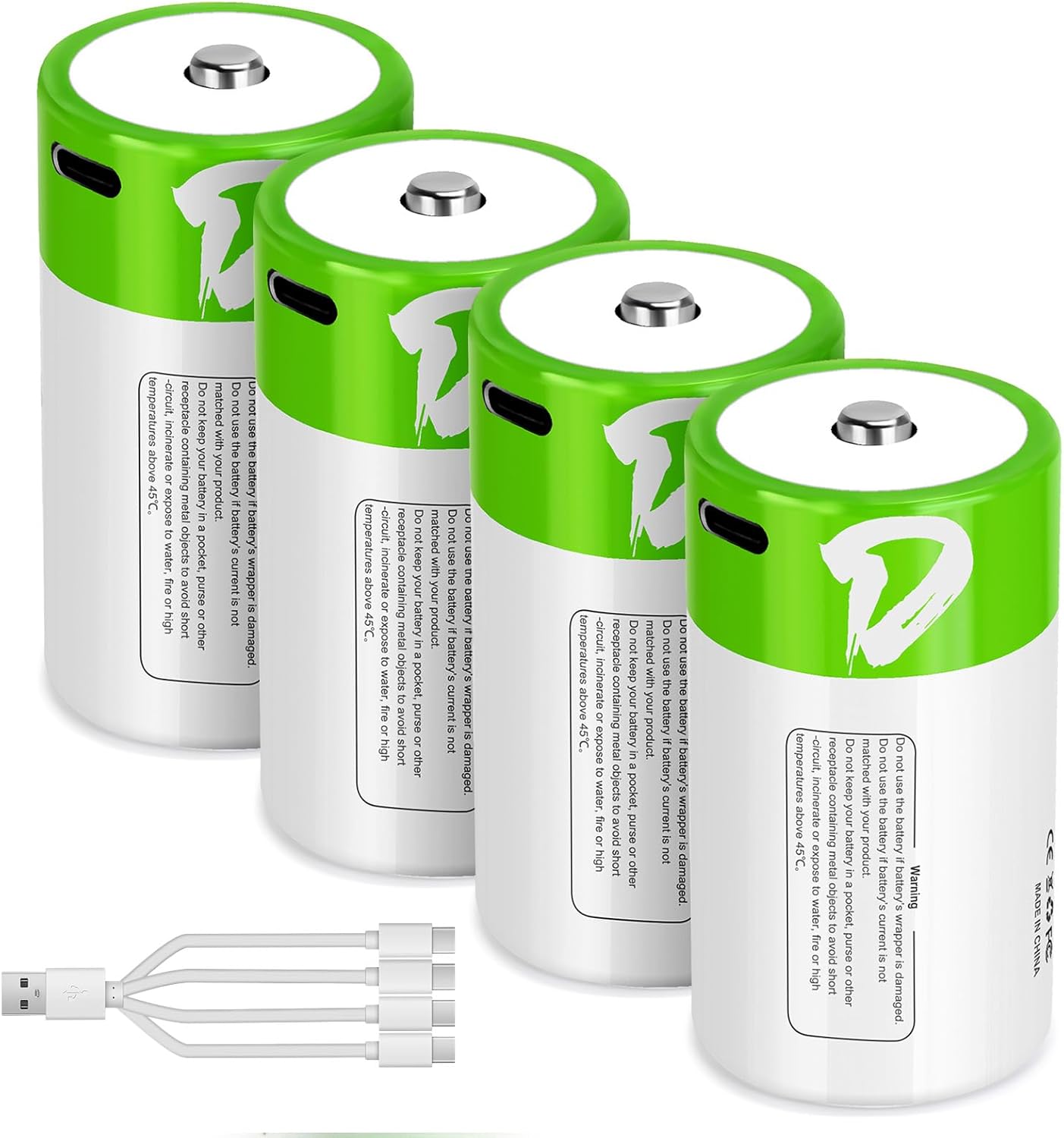 Product image of D Batteries Rechargeable 4 Pack with4 in 1 USBC Charging Cable D Size Cell Lithium Batteries 7500mWh 1.5V for Flashlights, Toys, and Floodlights