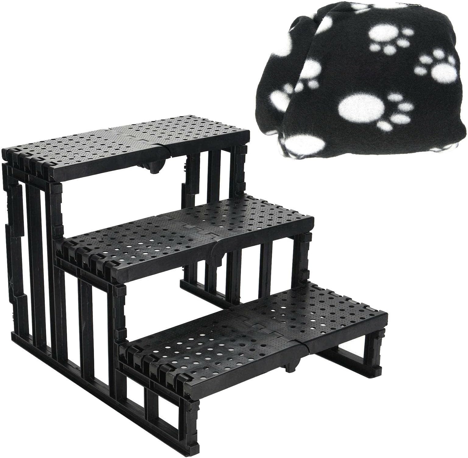 YOOQ Pet Stairs - Safe And Durable Indoor Or Outdoor Ramp With 3 Step Design | Steady Paws Easy Multi-Step Dog Stairs For High Beds And Sofas, Black