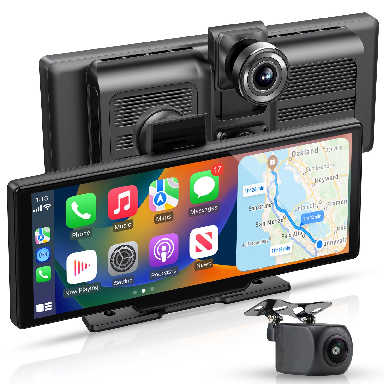 Apple carplay & Android Auto,Wireless Double din 10.26 inch Dash Cam with Front Camera and Backup Camera,GPS Navigation,Mirror Link/Voice Control//Bluetooth for Car RV Pickup Bus Trailer,etc
