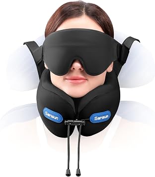 SARISUN Neck Pillow for Travel, w/Seat Strap Support, 3D Eye Mask