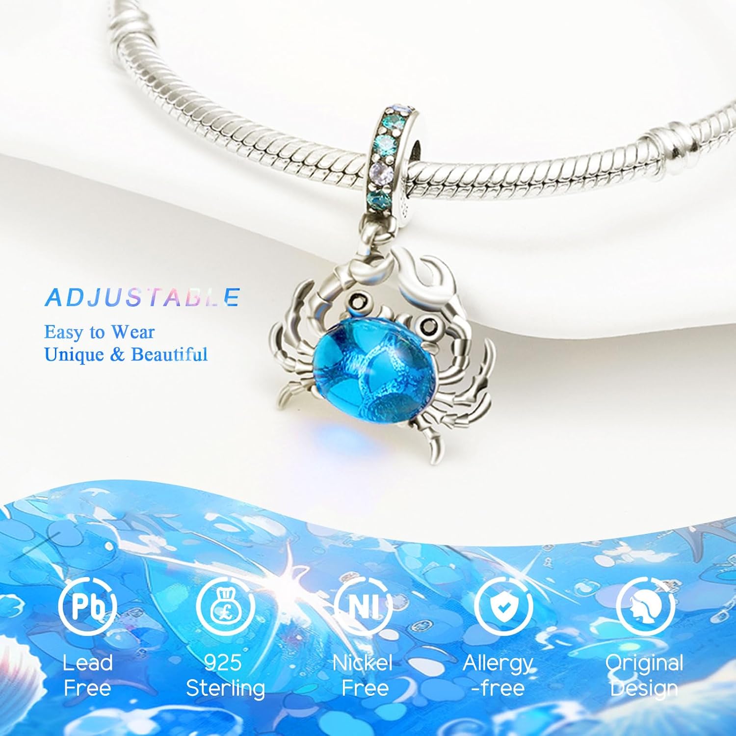 925 Sterling Silver Charms Bead for Bracelets Necklaces, Star Moon Crescent Sun Solar Pendent, Blue Ocean Starfish Shells Turtle Crab Starry Sea Cute Jewelry Birthday Gifts for Women Men - Image 5