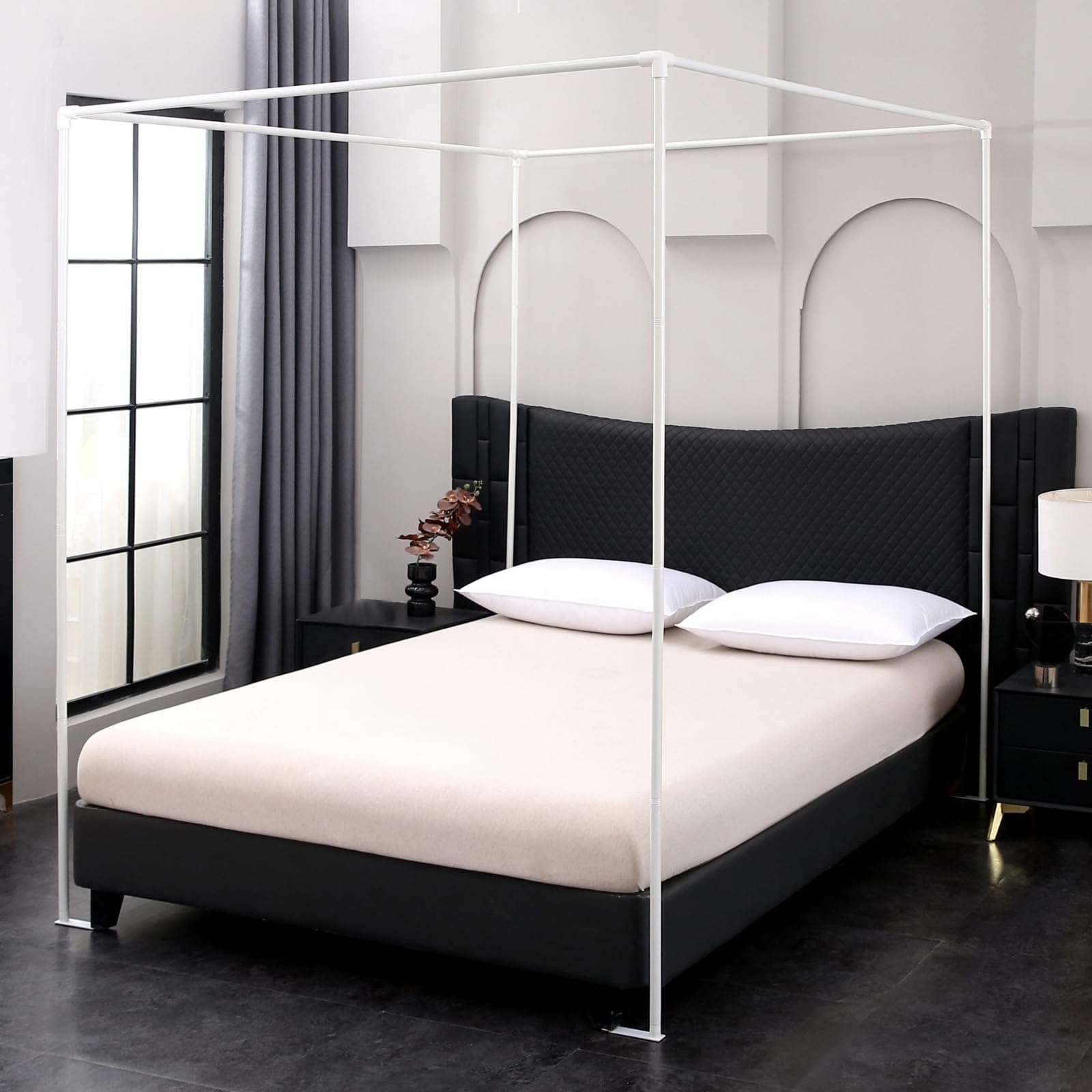 Beyeutao Himmelbett Gestell Weiß Himmelbett Stange B200 × L200×H200 cm Bettvorhangrahmen mit Füßen Bed Canopy Frame Vier Poster Bettrahmen Betthimmel Pole Design Für Bett