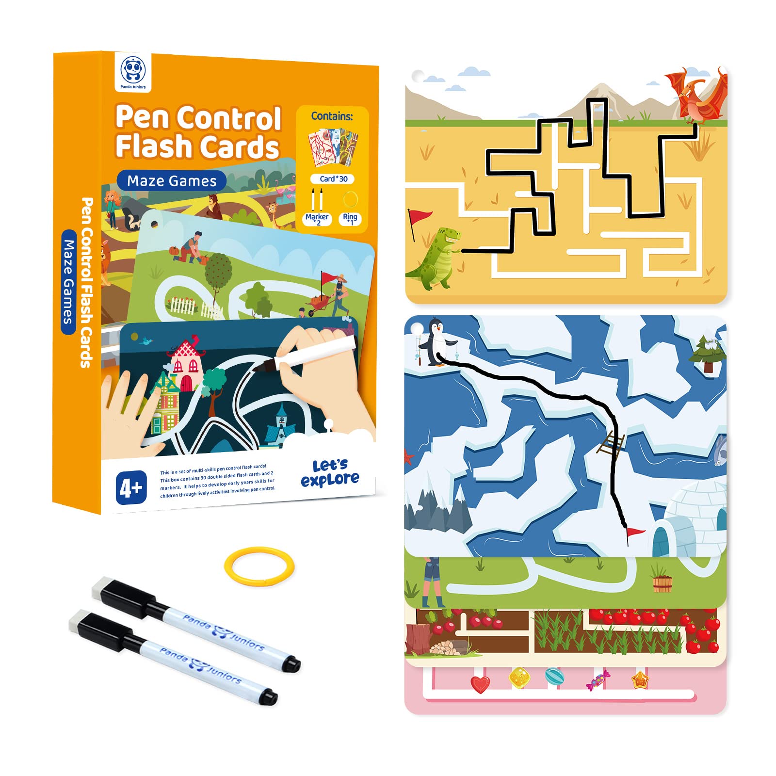 Large Flash Cards for Kids Ages 4+ | Pen Control Dry Erase Maze Tracing Set  Maze Games | Reusable Write & Wipe Puzzle Activity with 2 Markers & Ring  Preschool Learning Toy (30 Cards)