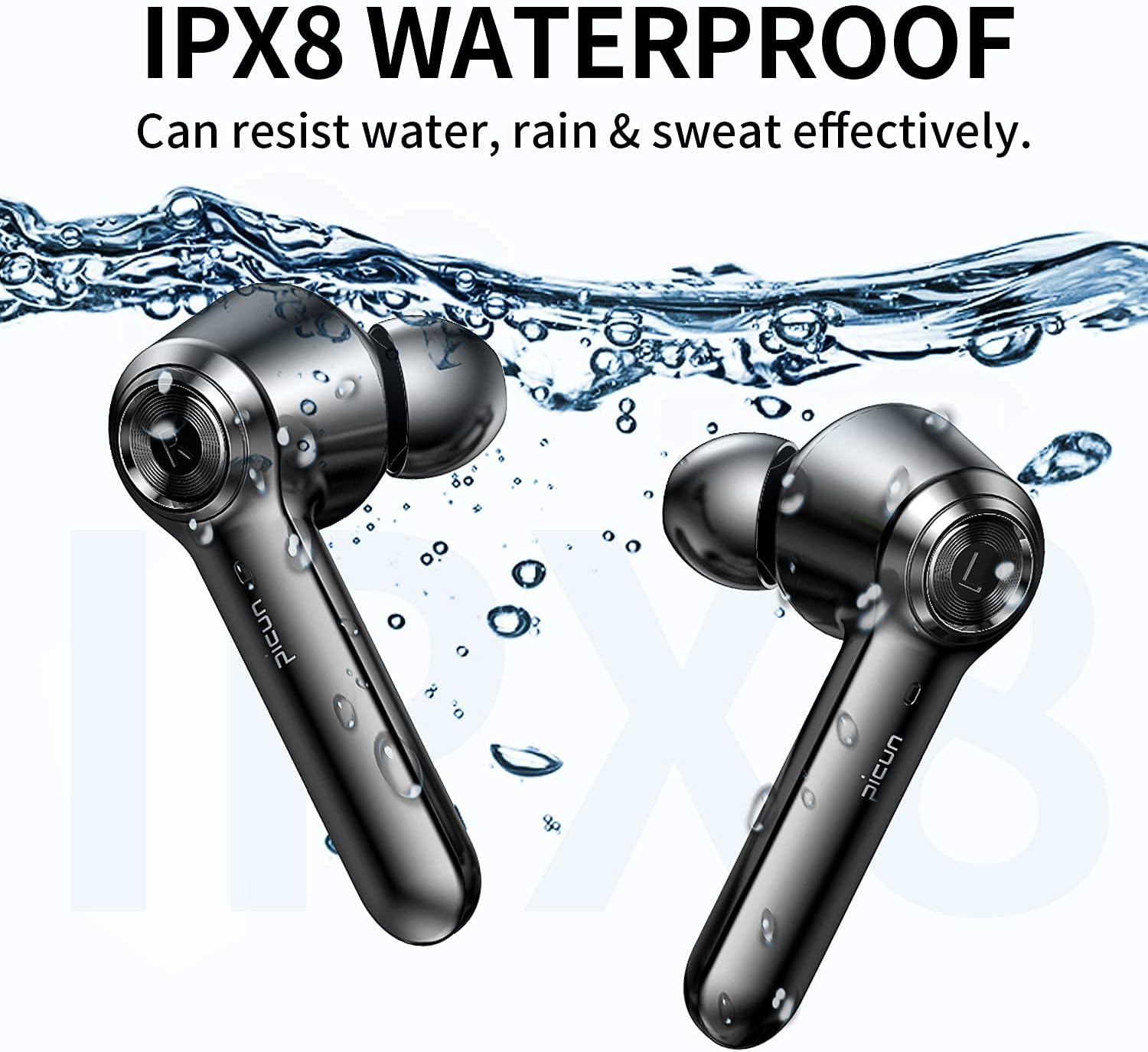 Picun W20 True Wireless Earbuds 36 Hours Playtime Bluetooth 5.0+EDR HiFi Crystal Bass IPX8 Waterproof in-Ear Headphones w/HD Mic, Touch Control, Hall Switch, USB-C, Single/Twin Mode Comfy for Sports