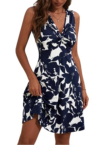 Women's Twist Front Summer Mini Petite Sun Dresses with Pockets