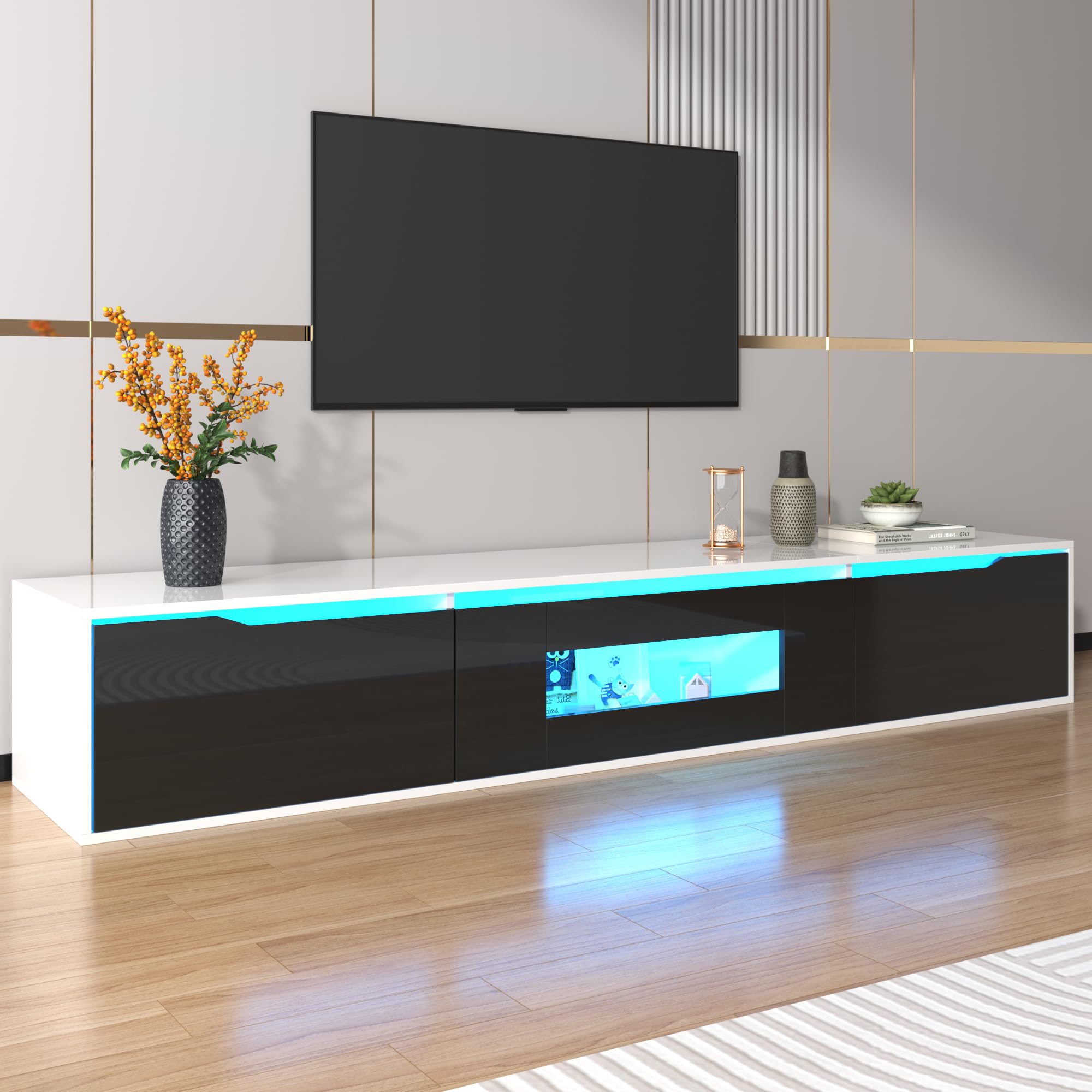MURUL Mueble para TV con iluminación LED que cambia de color, color negro y blanco