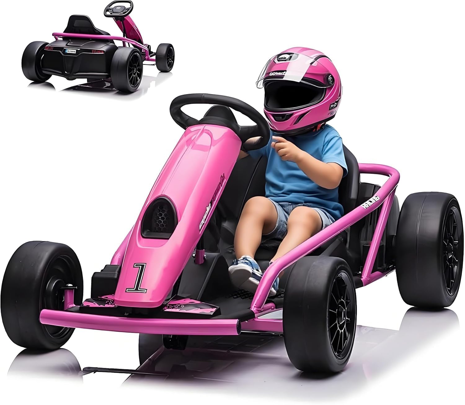 24V Go Kart Eléctrico de Derrape, Go Kart a Pedales para Niños con Motores Duales de 300W, Ruedas Delanteras: EVA; Ruedas Traseras: Nylon Drift, Máxima 13km/h, Estructura Metálica, Música y Altavoces