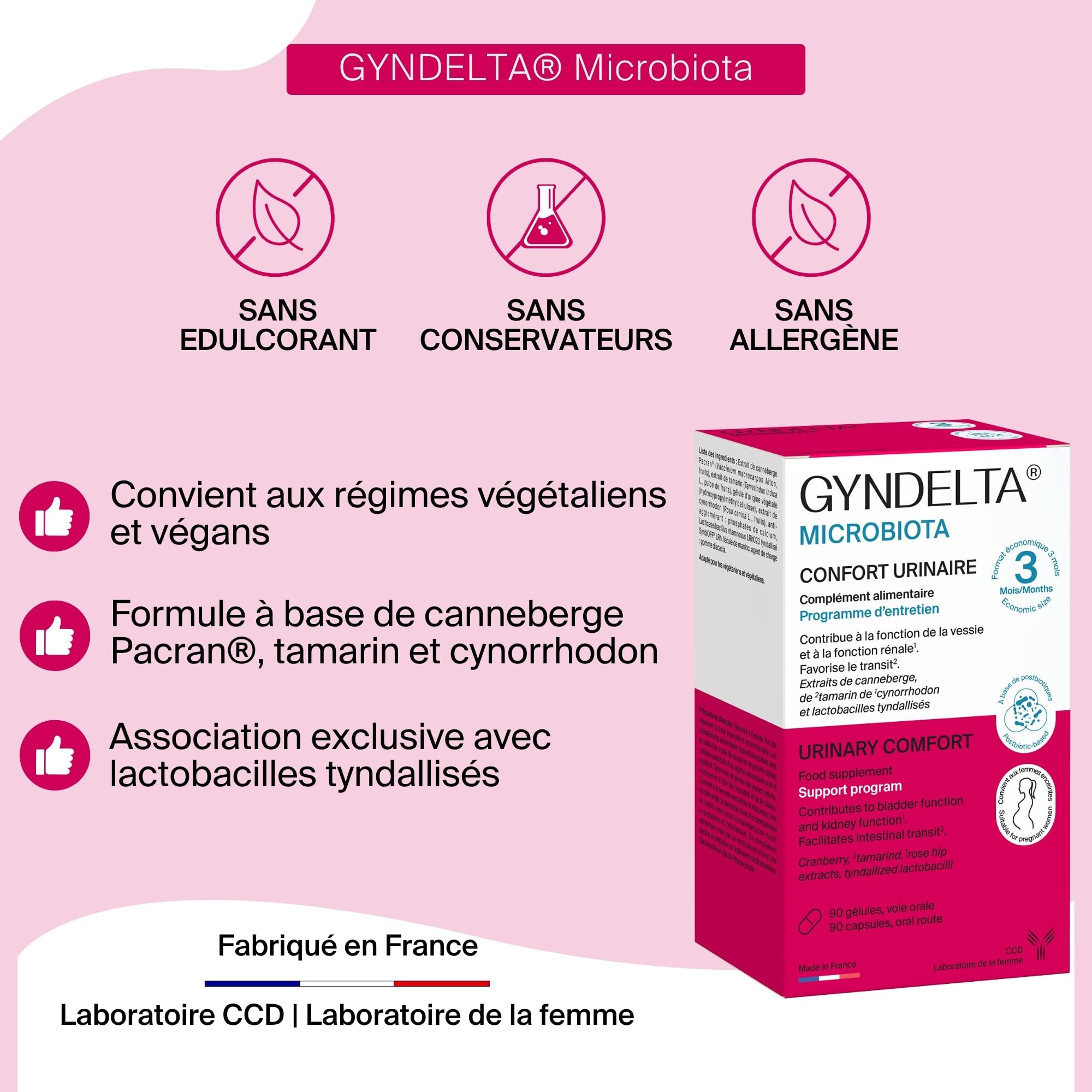 GYNDELTA® Microbiota | Confort urinaire et digestif de la femme | Canneberge Pacran®, Tamarin, Cynorrhodon & probiotiques | 90 gélules végétales | Cure 3 mois | Fabriqué en France