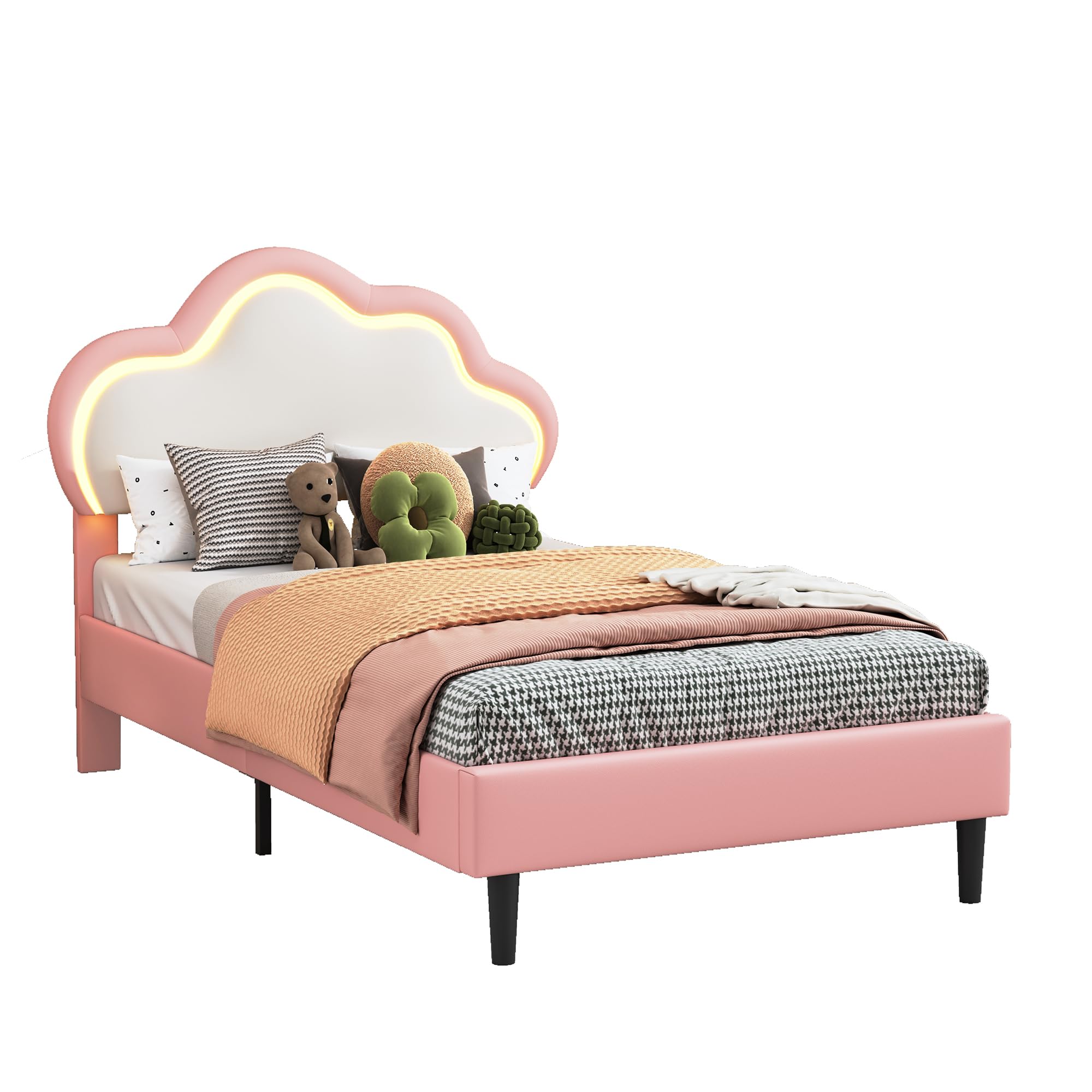 Lit simple 90 x 200 cm, Lit Enfant Fille avec LED, Lit Rembourré avec Tête de Lits Réglable en Hauteur en Forme de Nuage, Lits 1 Place pour Fille et Adolescent, PU, Sans Matelas (Rose + Blanc)