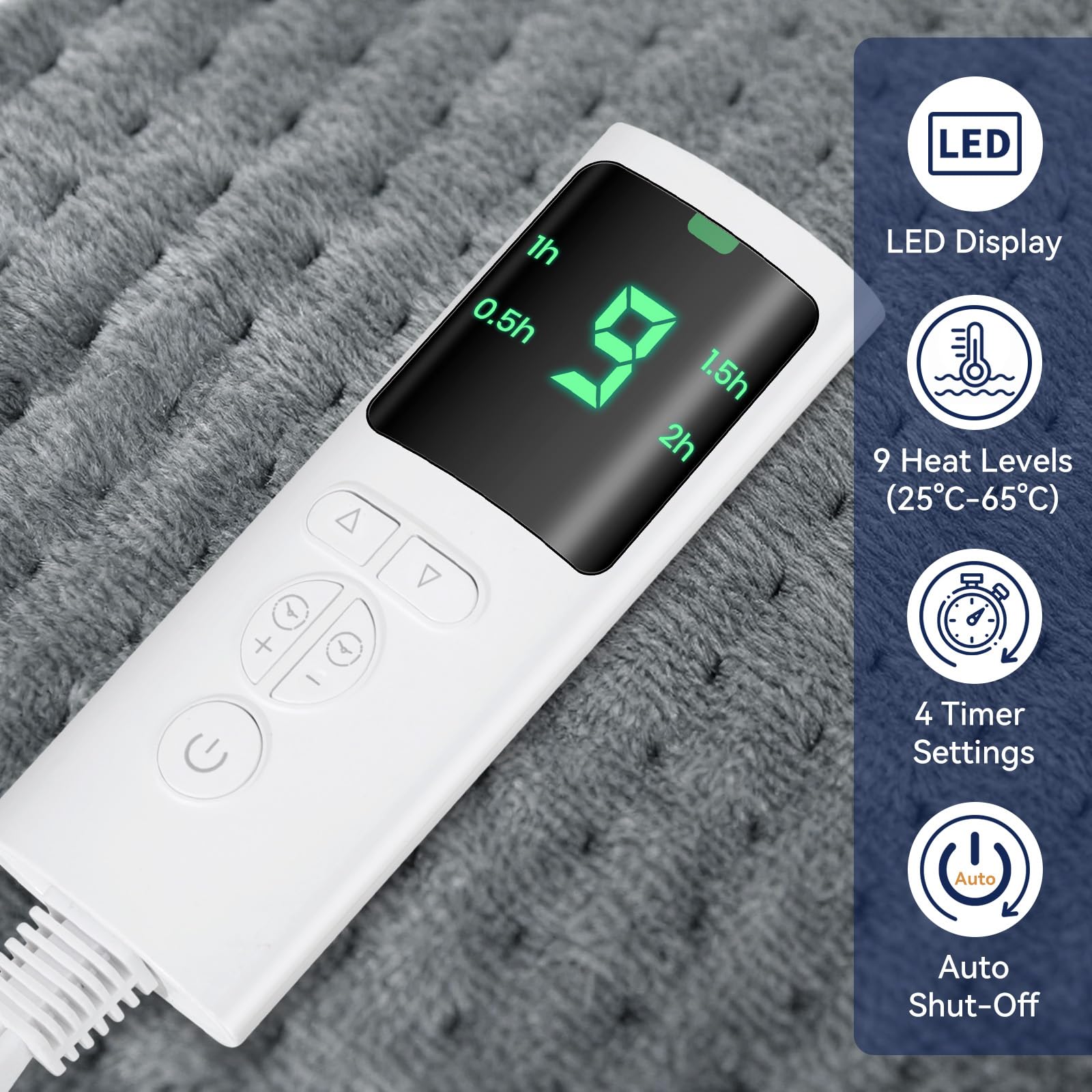 Heizkissen Größe XL, Elektrisches Wärmekissen für Rücken Nacken Schulter Bauch, 9 Heizstufen und 4 automatische Abschaltzeiten, Weicher Flanell, Maschinenwaschbar,2M-Kabel (Dunkelgrau, 43X 84 cm)
