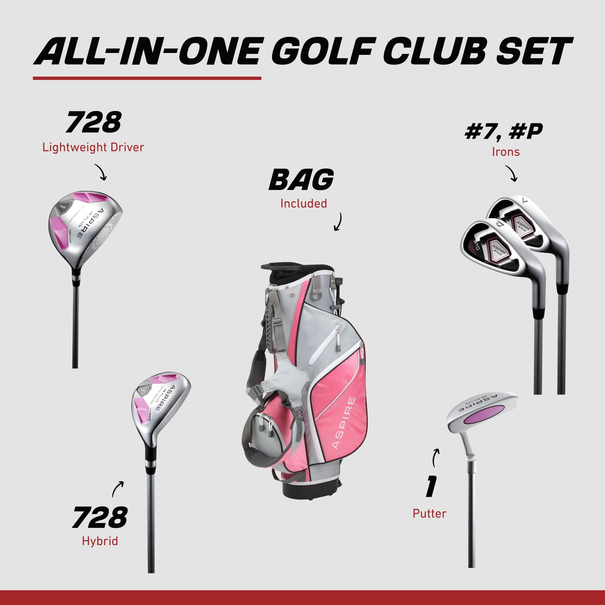 Aspire Junior Plus Ensemble Complet de Clubs de Golf pour Enfants - 5 Groupes d'Âge, Garçons et Filles, Main Droite - Sac de Golf Inclus