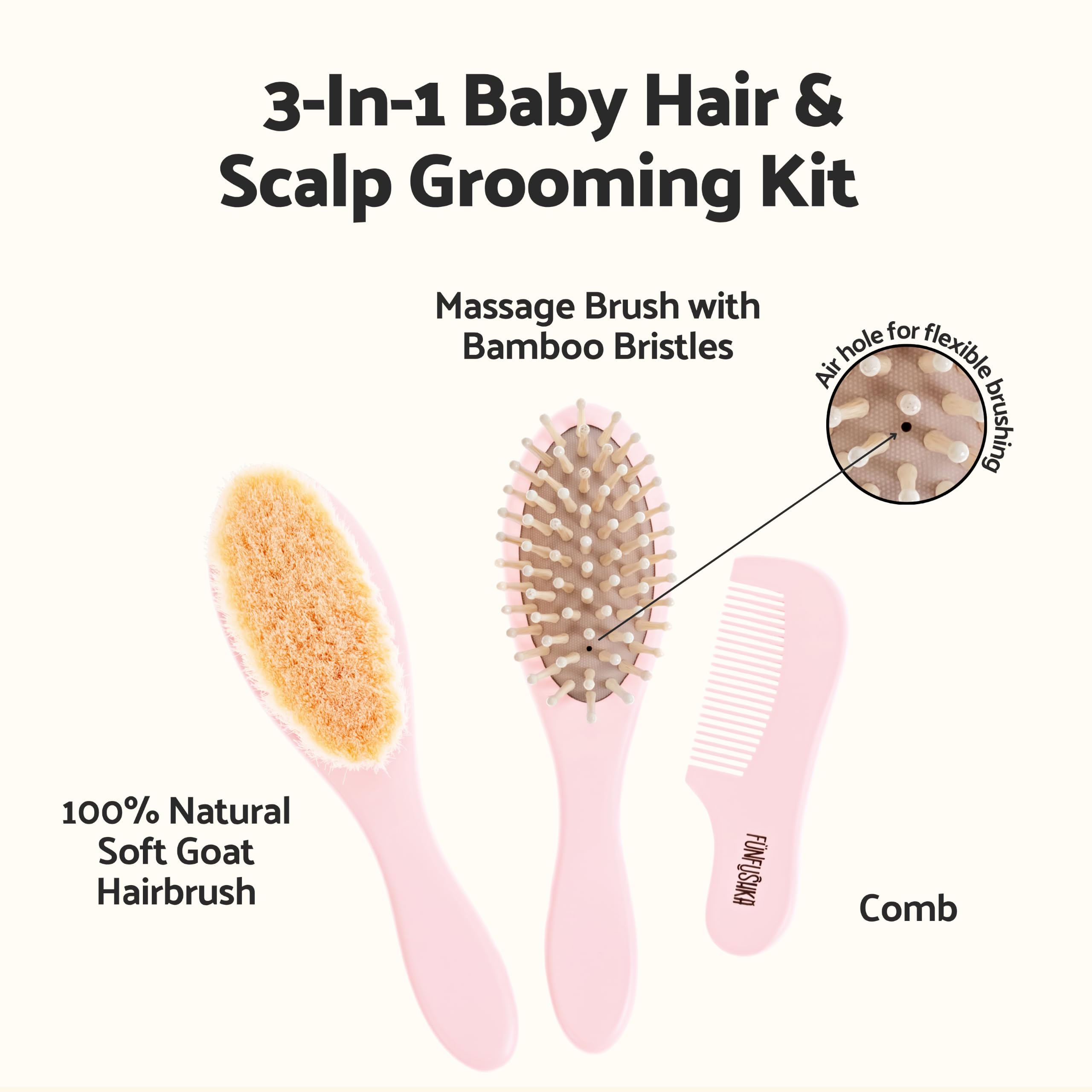Juego de cepillo y peine de madera para bebé recién nacido, cepillo de pelo natural con cerdas de cabra suaves para niñas y niños, perfecto para cuna (rosa)
