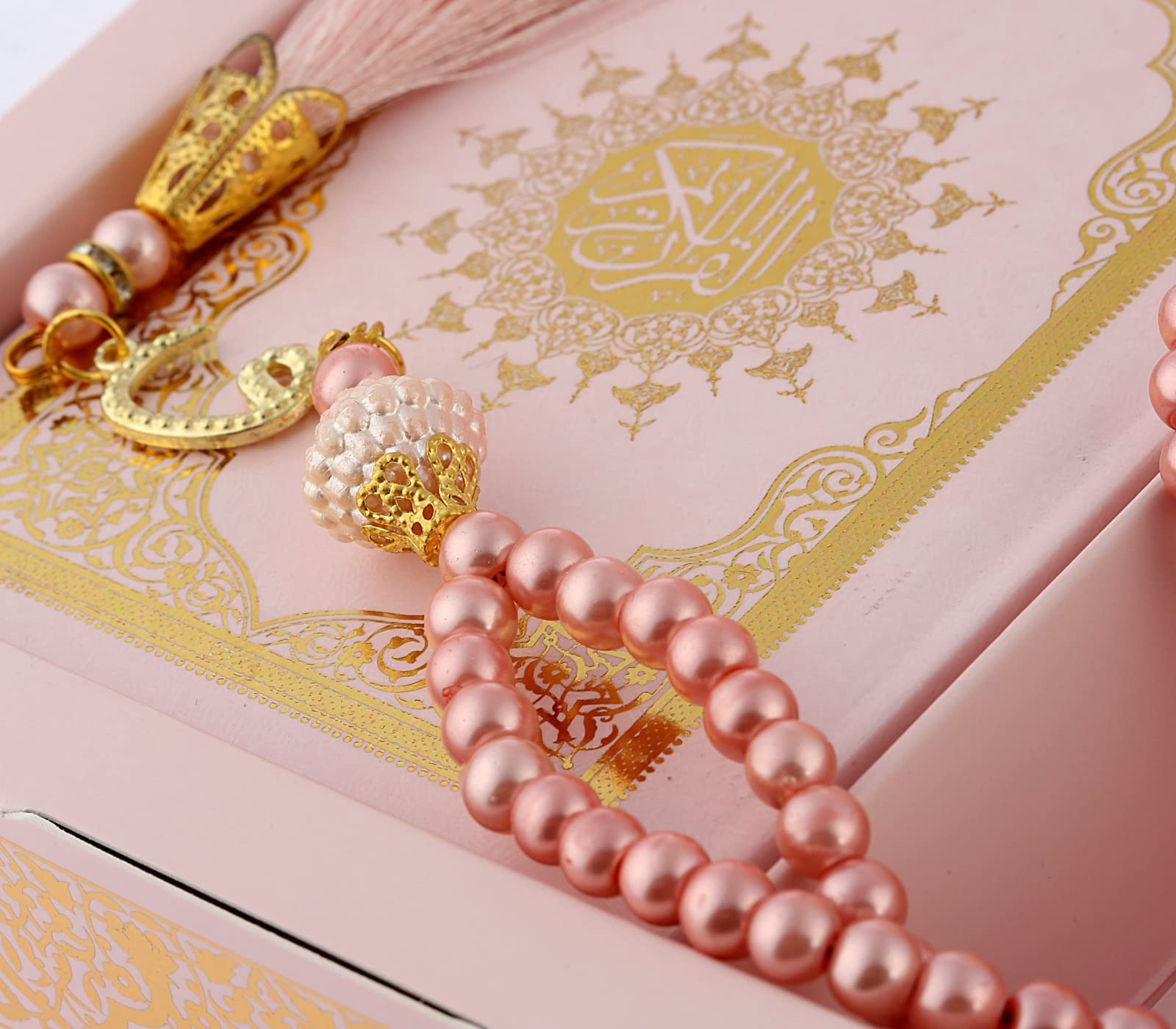 Prien Regali Musulmani per Eid e Ramadan, Set Regalo Islamico con Corano Argentato, Scatola Elegante Dorata, Tasbih con Perle, Idee Regalo per Donna, Set per Mawlid, Matrimonio (Rosa)