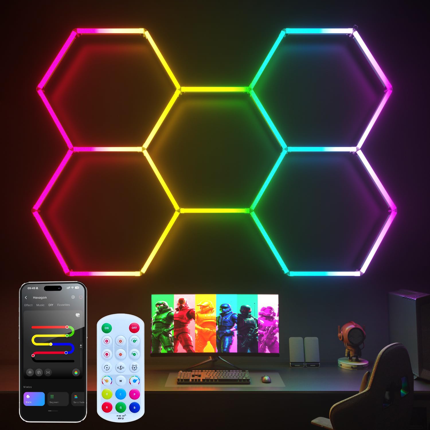 Photo 1 of RGB Hexagon Garage Lights, Music Sync LED Hexagon Lights for Gaming Room, Smart App & Remote Control, DIY Honeycomb Ceiling Light for Studio Gym Basement Deco