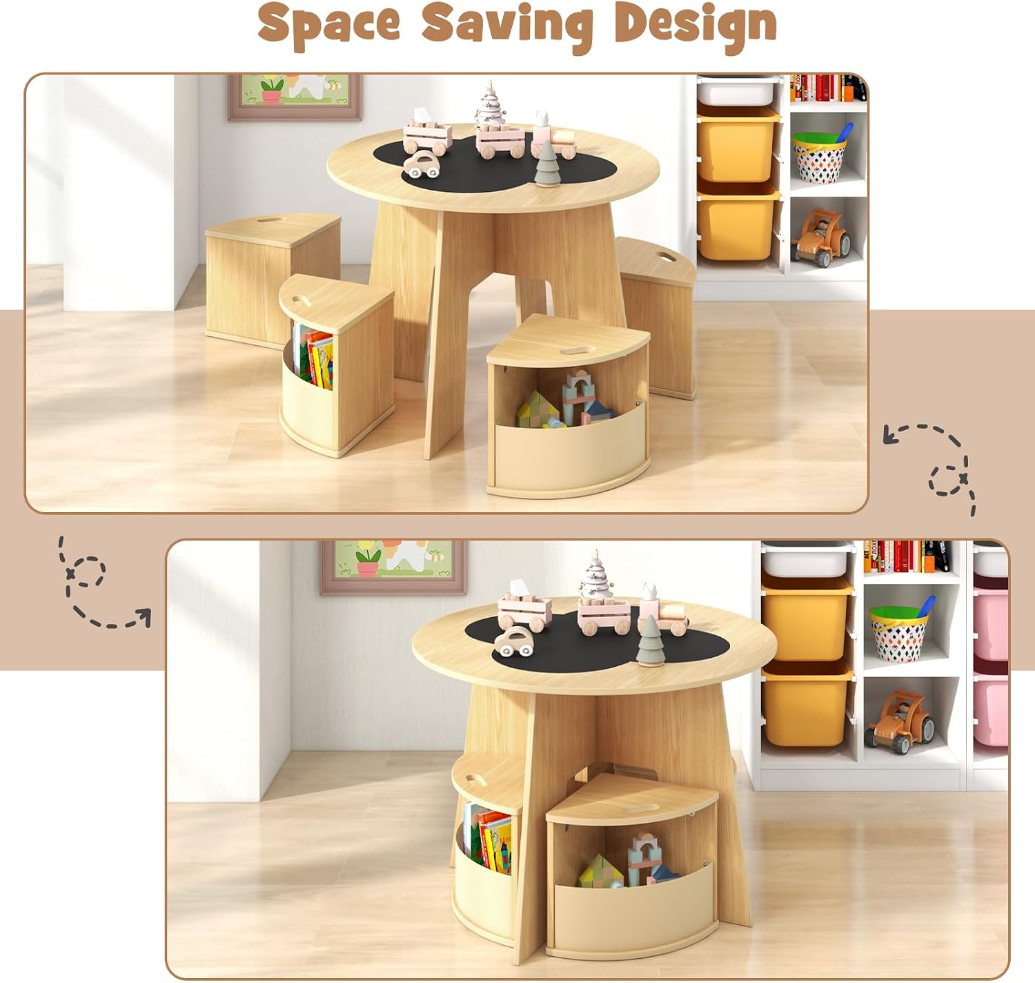 INFANS Toddler Table and Chair Set with 4 Storage Stools, Wooden Flower Shaped Nesting Table with Blackboard Drawers, Children Multi-Activity Table for Art Crafts Draw Read Boys Girls 3+