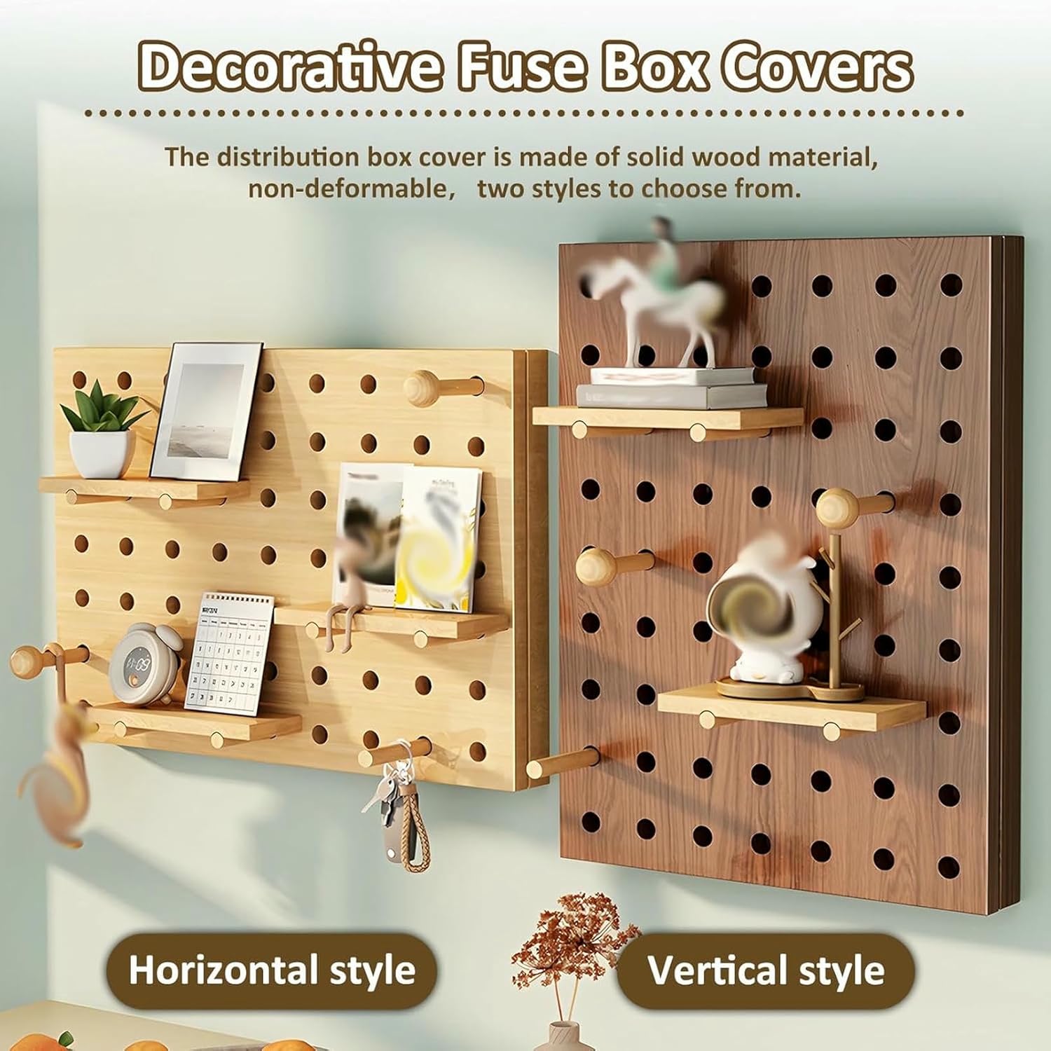 Electrical Panel Cover with Hooks, Solid Wood Breaker Box Cover with Shelf, Decorative Hide Electrical Panel for Corridor Bedroom Long-Lasting Use