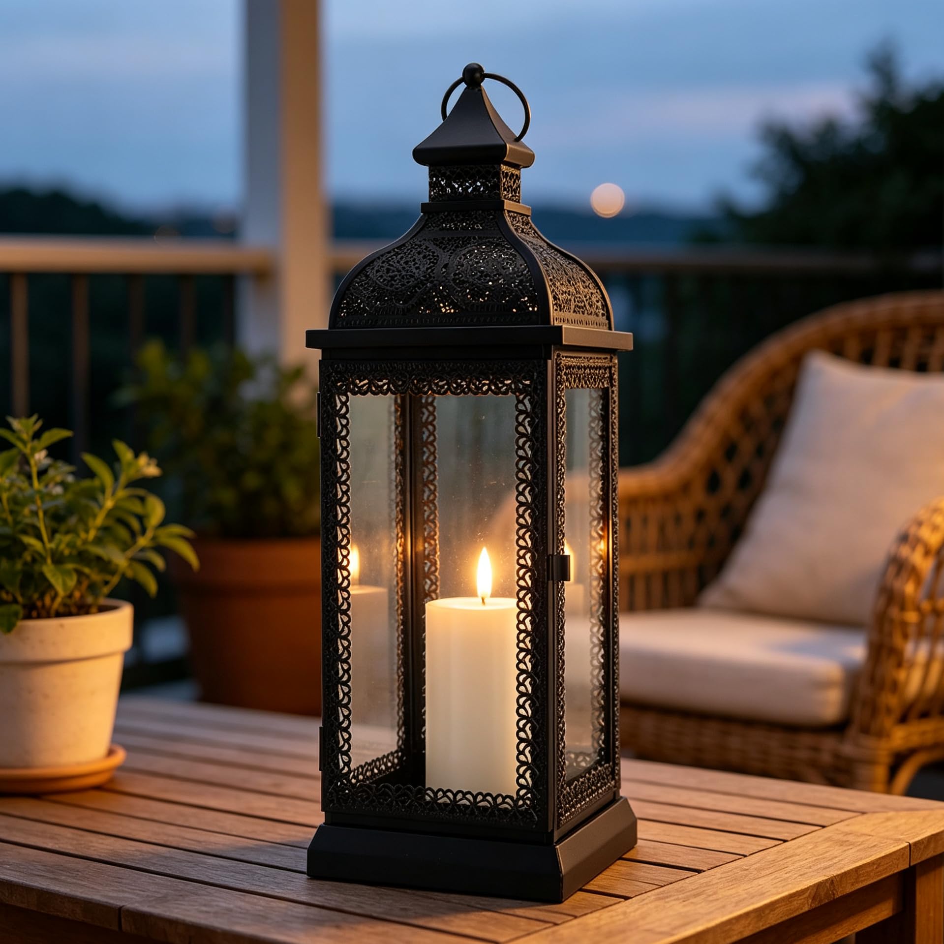 TRIROCKS Farol de Metal Estilo Rústico, Soporte de Vela Grande con Vidrio Templado para Acción de Gracias, Navidad, Sala, Jardín y Patio (Negro)