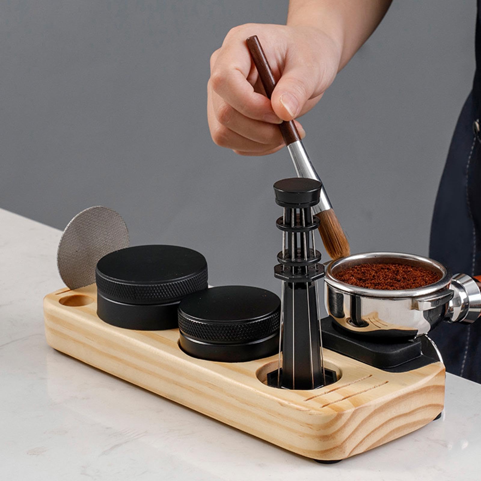 Soporte de Madera para Prensador de Café, Base de Soporte para Removedor de Espresso, Alfombrillas Distribuidoras de Espresso de 51/53/58 Mm/54 Mm, Pinewood, Individual