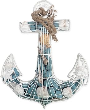 Natural Seashells & Driftwood Anchor Wire Wall Beach Nautical Decor Ocean Blue