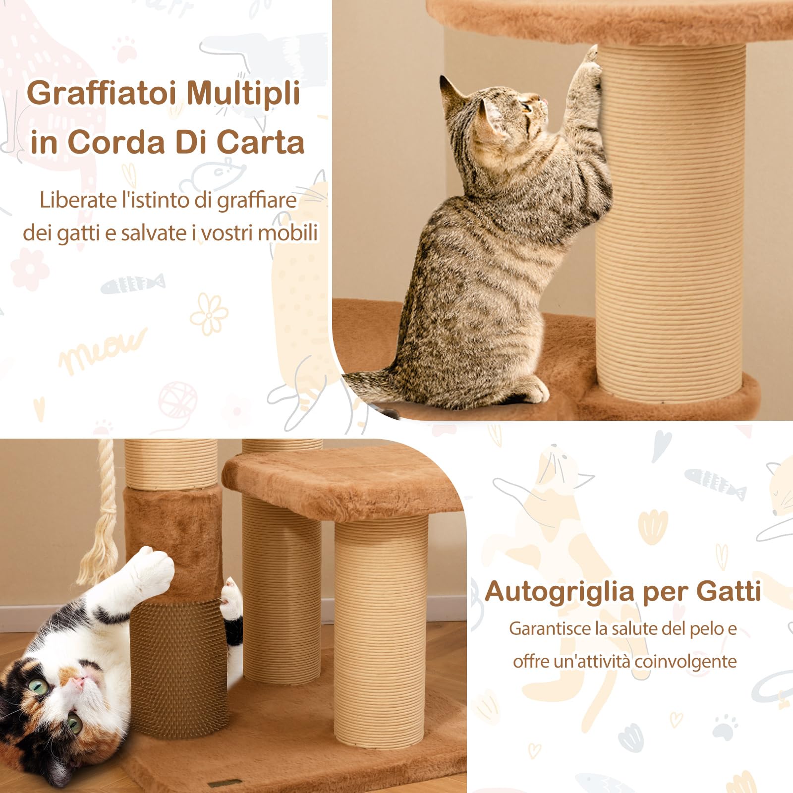 COSTWAY Tiragraffi per Gatto Alto 165 cm, Albero Tiragraffi Gatto con 4 Piattaforme, 4 Pali Sisal, Spazzola, Corda e Palla Pompon, Torre Tiragraffi per Gatti Imbottito Rimovibile, Caramello