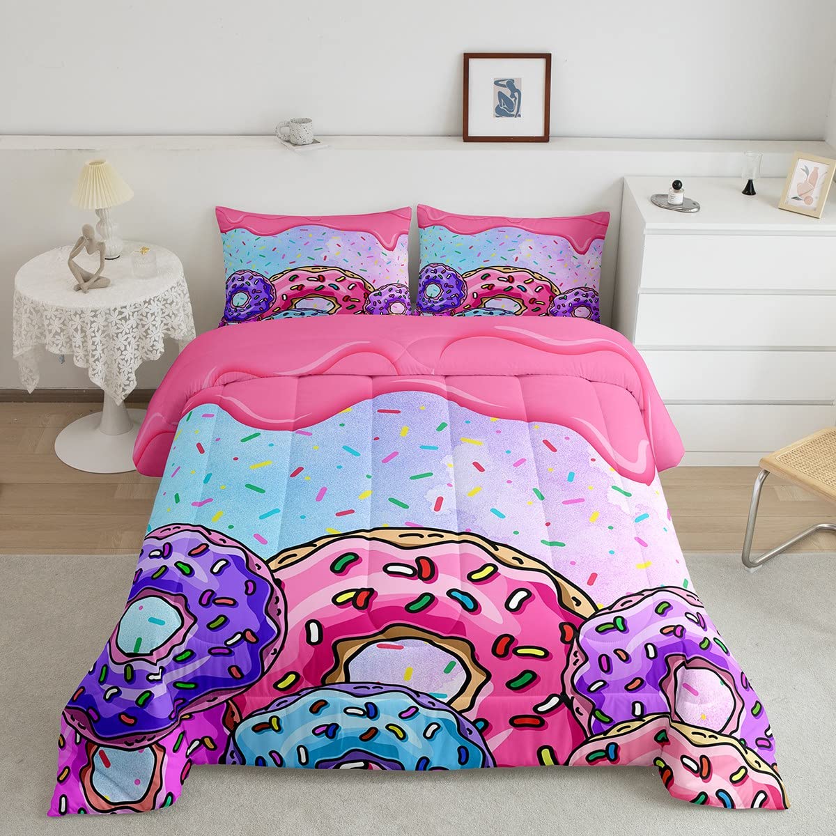 Castle Fairy Kawaii Donuts Full Size Comforter Set,Sweet Doughnut Bedding Set for Adults Teens,Children Pink and Purple Comforter Luxury Delicious Dessert Quilt Set Room Decor 3Pcs