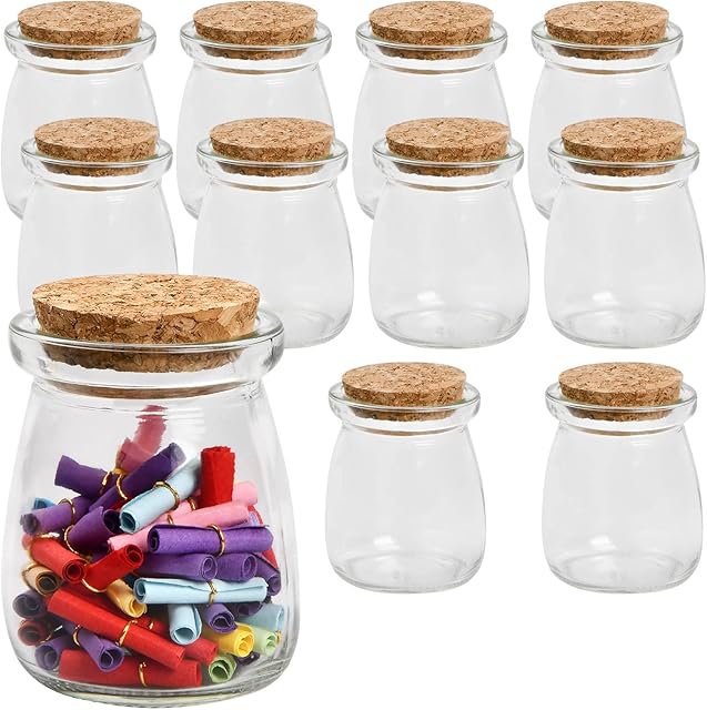 10 Pack 100ml Glass Favor Jars with Cork Lids, Small Glass Pudding Cup Yogurt Storage Jars, Milk Glass Bottles Containers for Party Wedding Favours Kitchen Spices and Jam