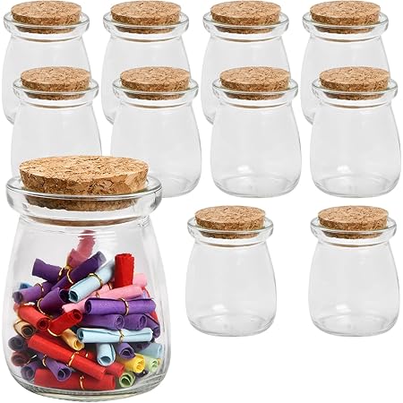 10 Pack 100ml Glass Favor Jars with Cork Lids, Small Glass Pudding Cup Yogurt Storage Jars, Milk Glass Bottles Containers for Party Wedding Favours Kitchen Spices and Jam