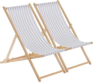 Harbour Housewares 2x Light Grey Stripe Wooden Deck Chair Traditional FSC Wood Folding Adjustable Garden/Beach Sun Lounger Recliner