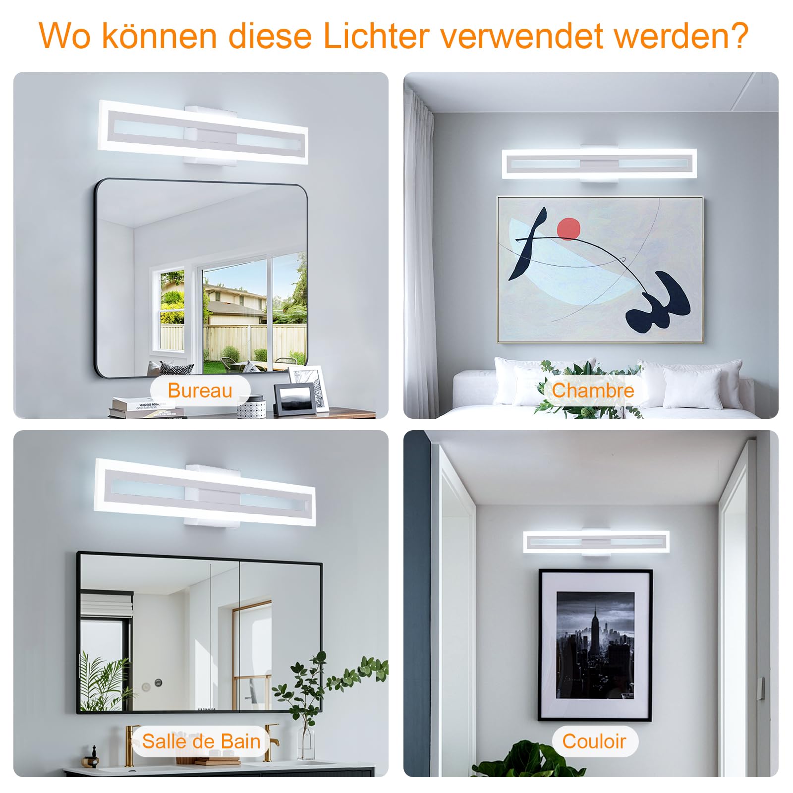 Lampe Miroir Salle de Bain 60CM LED Applique Murale Blanc, 20W Éclairage 2000LM Blanc Froid 6000K, IP44 Étanche Luminaire dessus Lavabo Vanity Light pour Douche Vasque